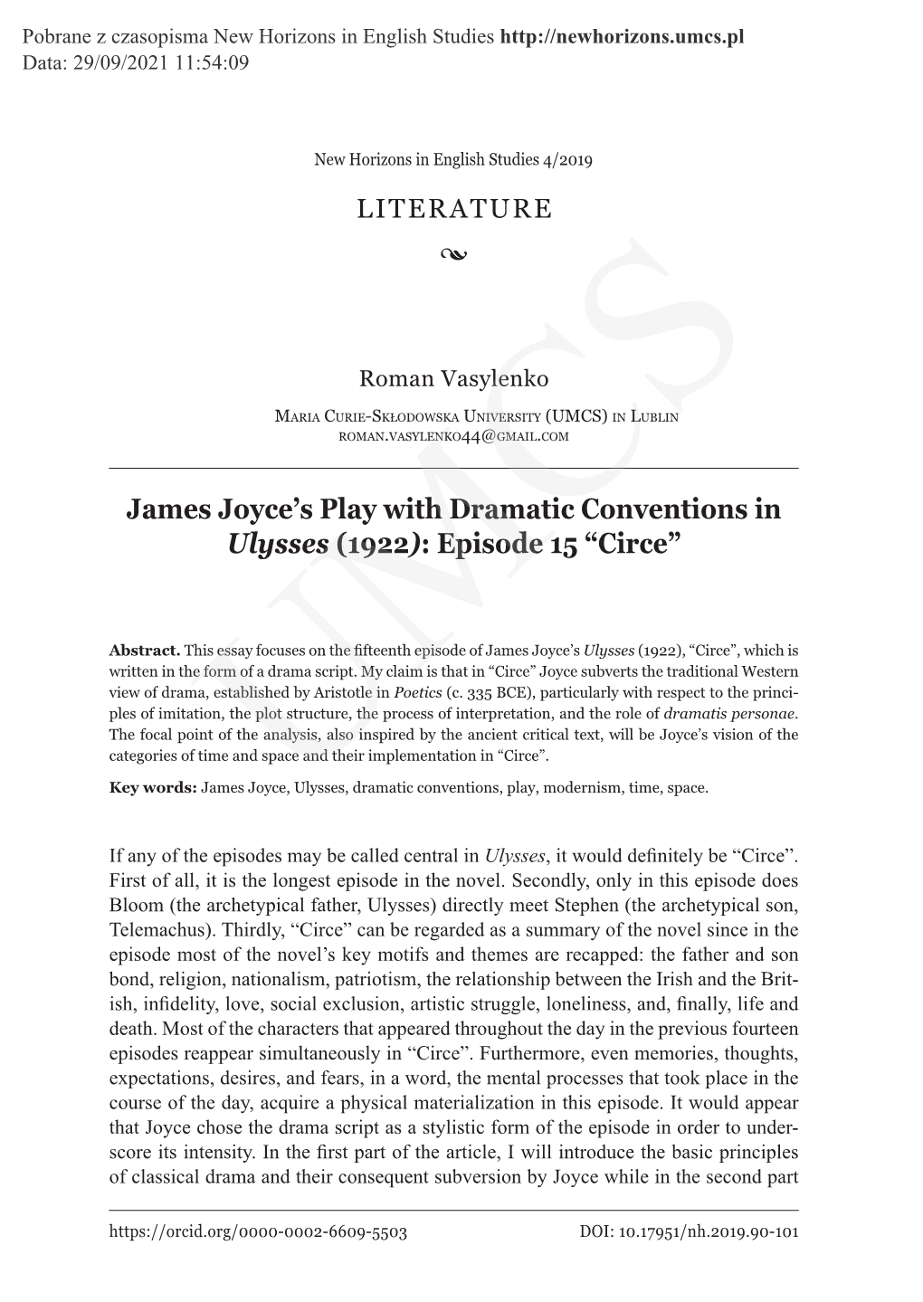 James Joyce's Play with Dramatic Conventions in Ulysses (1922