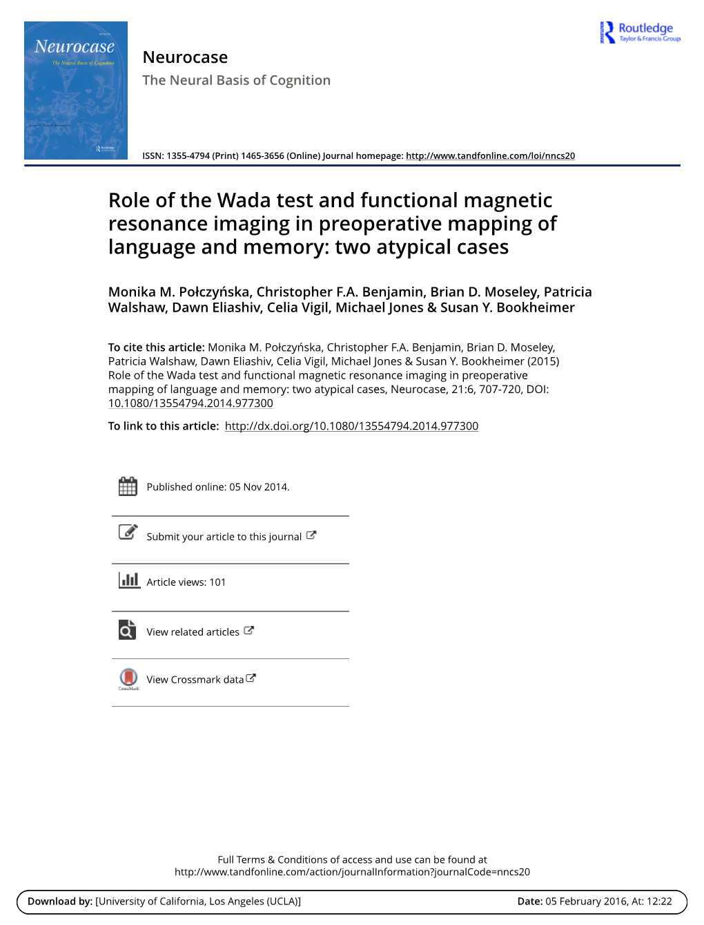 Role of the Wada Test and Functional Magnetic Resonance Imaging in Preoperative Mapping of Language and Memory: Two Atypical Cases