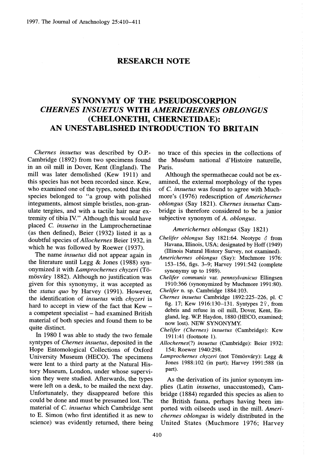 Chelonethi, Chernetidae) : an Unestablished Introduction to Britai N
