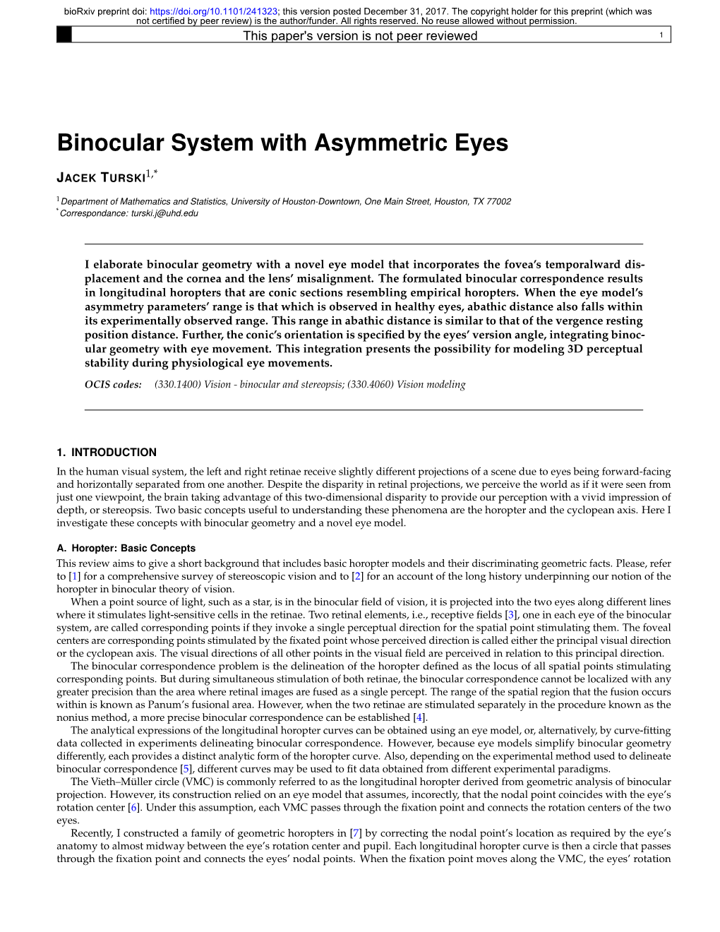 Binocular System with Asymmetric Eyes