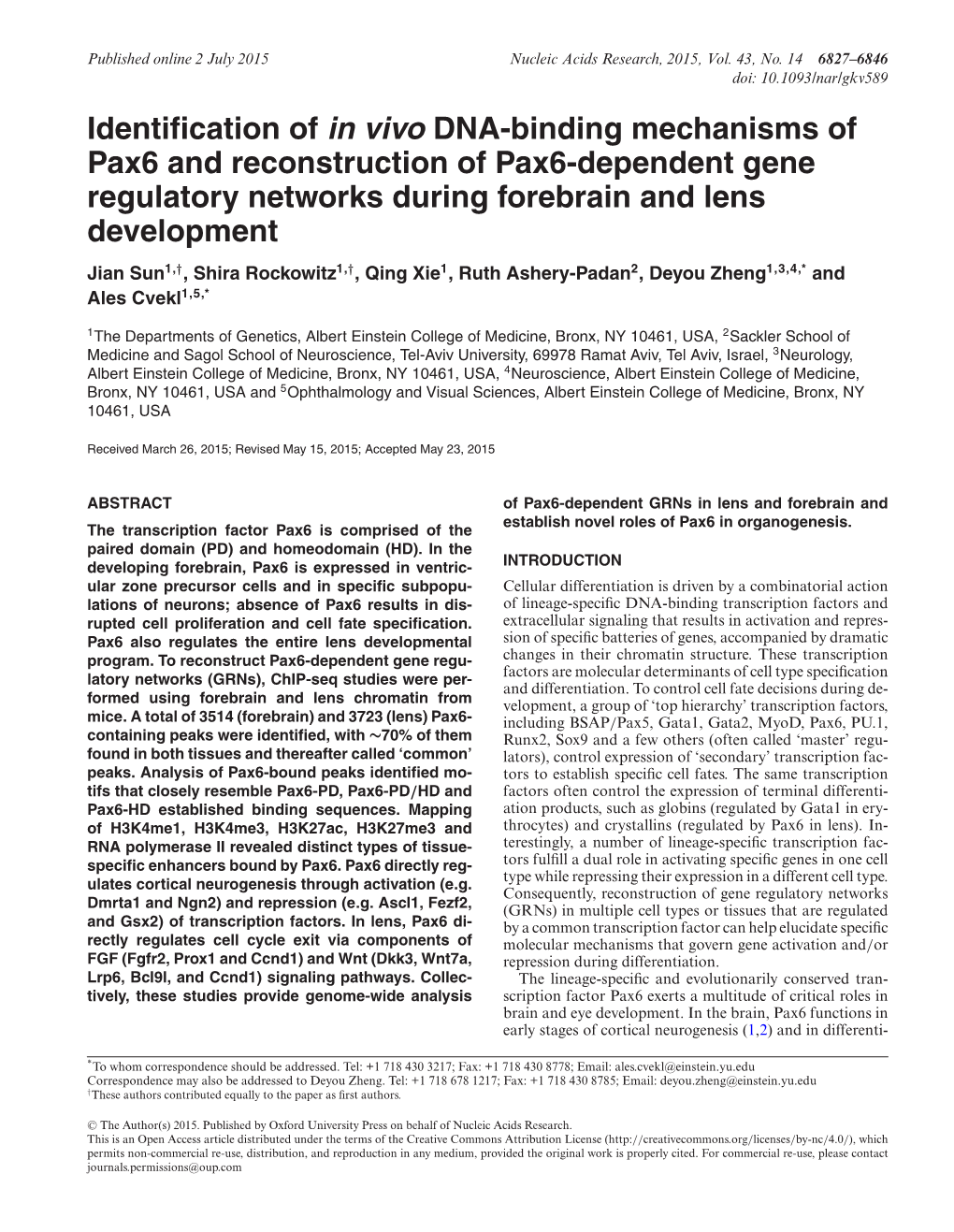 Identification of in Vivo DNA-Binding Mechanisms of Pax6 And