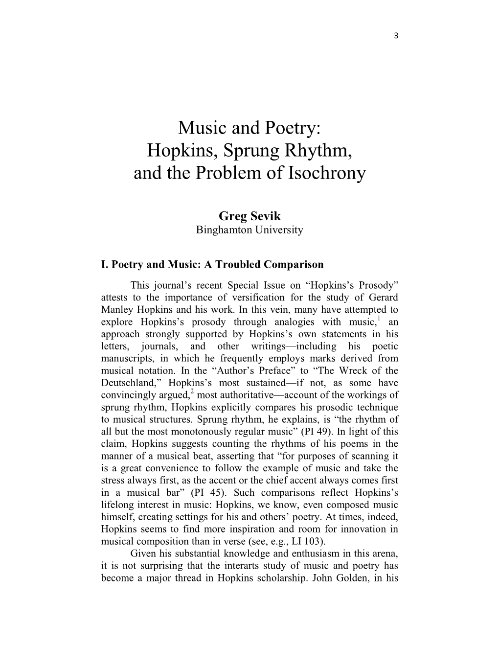 Music and Poetry: Hopkins, Sprung Rhythm, and the Problem of Isochrony