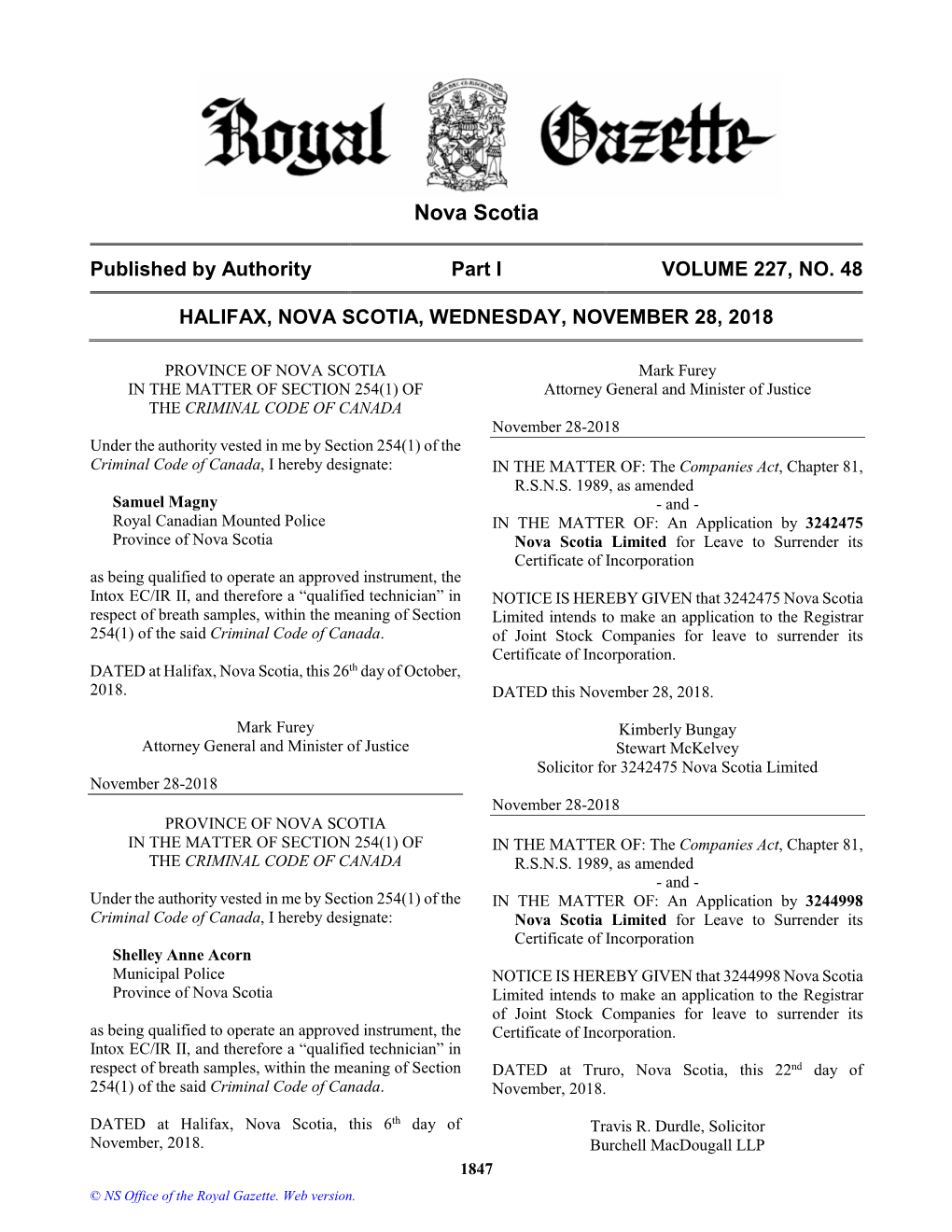 NS Royal Gazette Part I