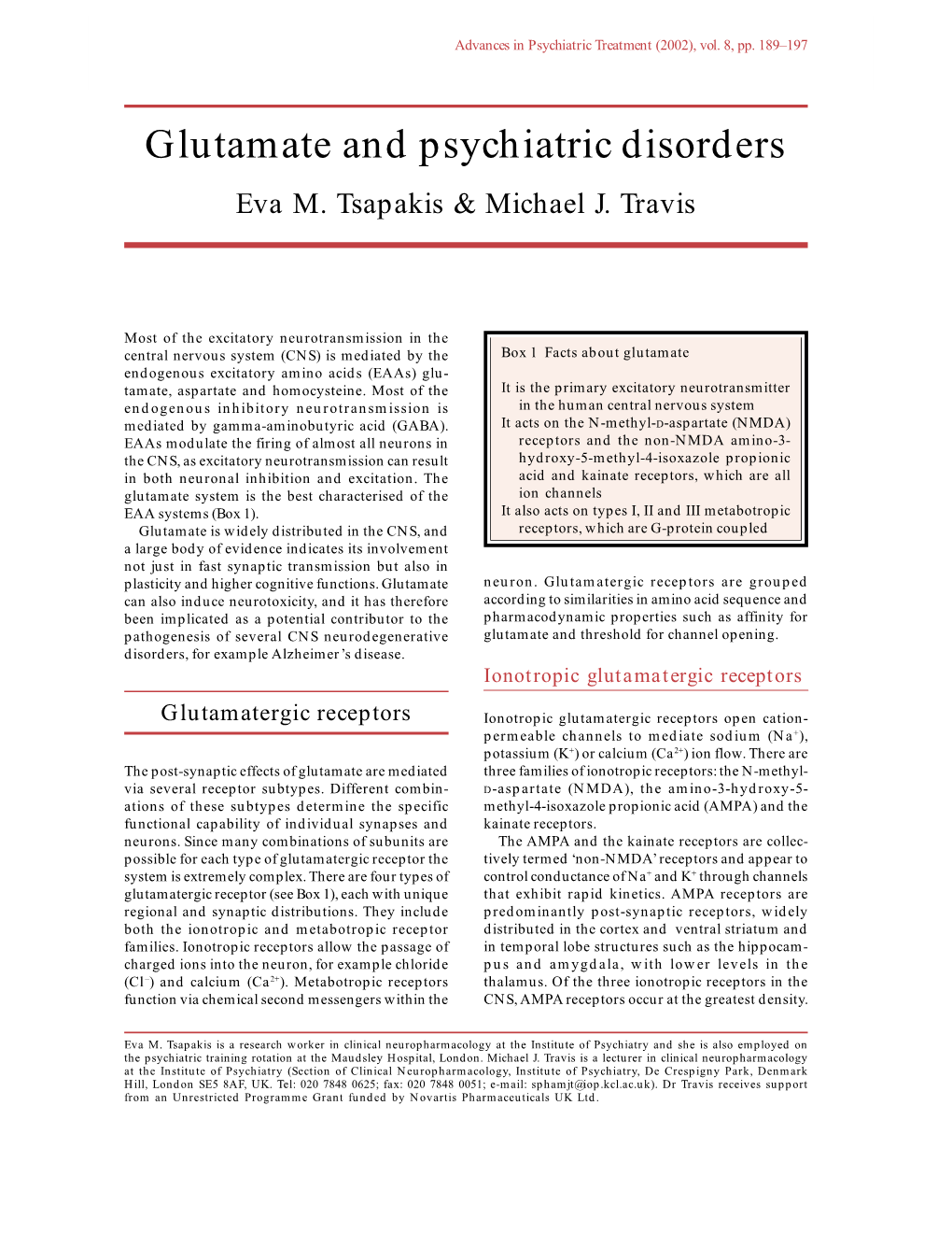 Glutamate and Psychiatric Disordersadvances in Psychiatricapt (2002), Treatment Vol