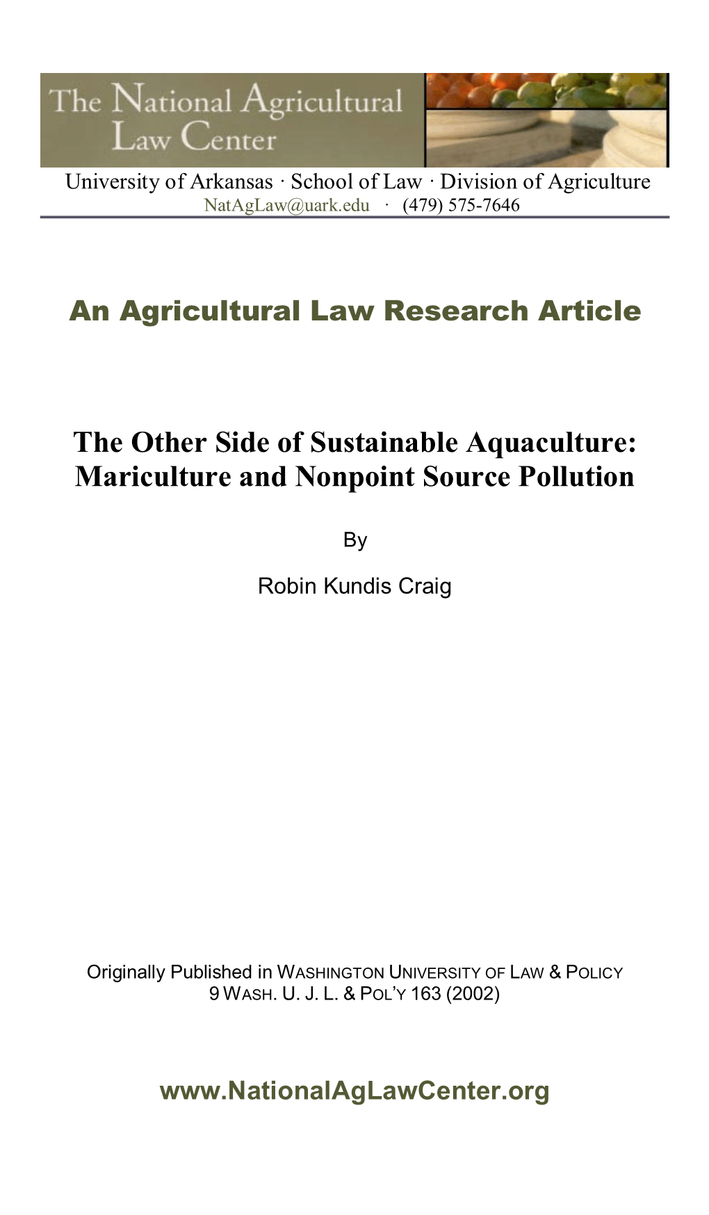 The Other Side of Sustainable Aquaculture: Mariculture and Nonpoint Source Pollution