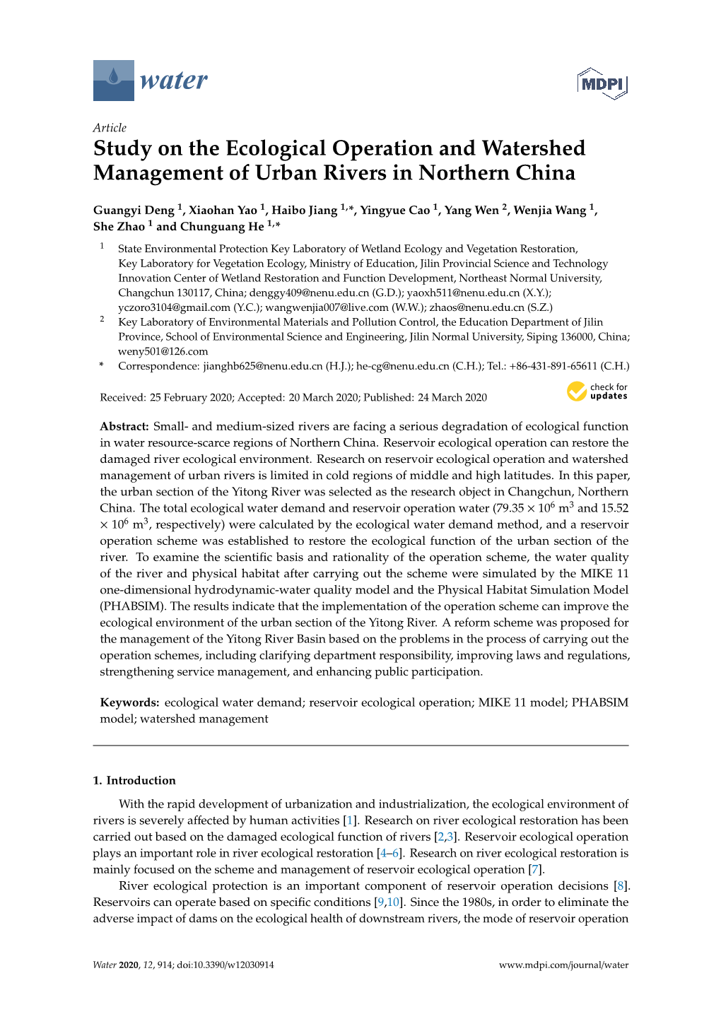 Study on the Ecological Operation and Watershed Management of Urban Rivers in Northern China