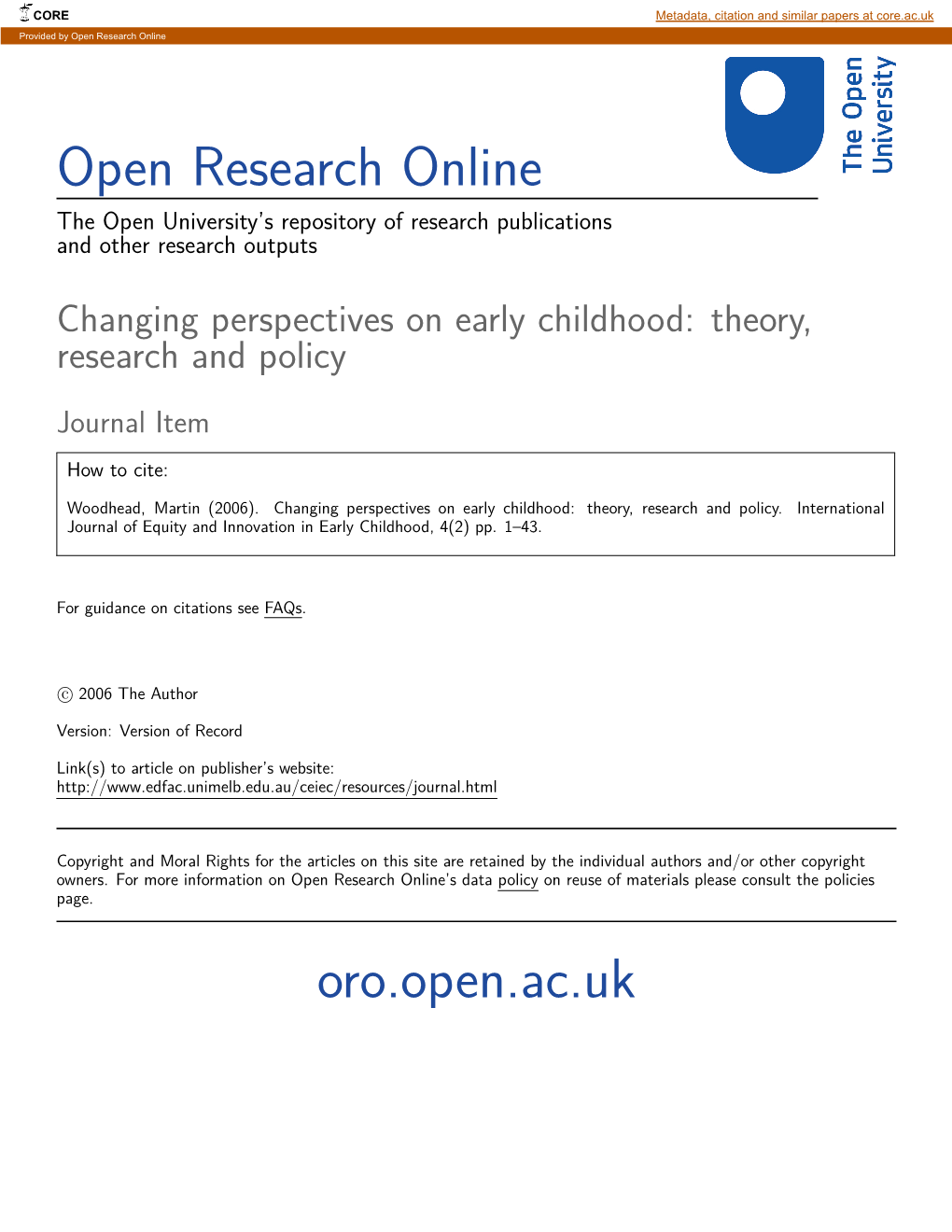 Changing Perspectives on Early Childhood: Theory, Research and Policy