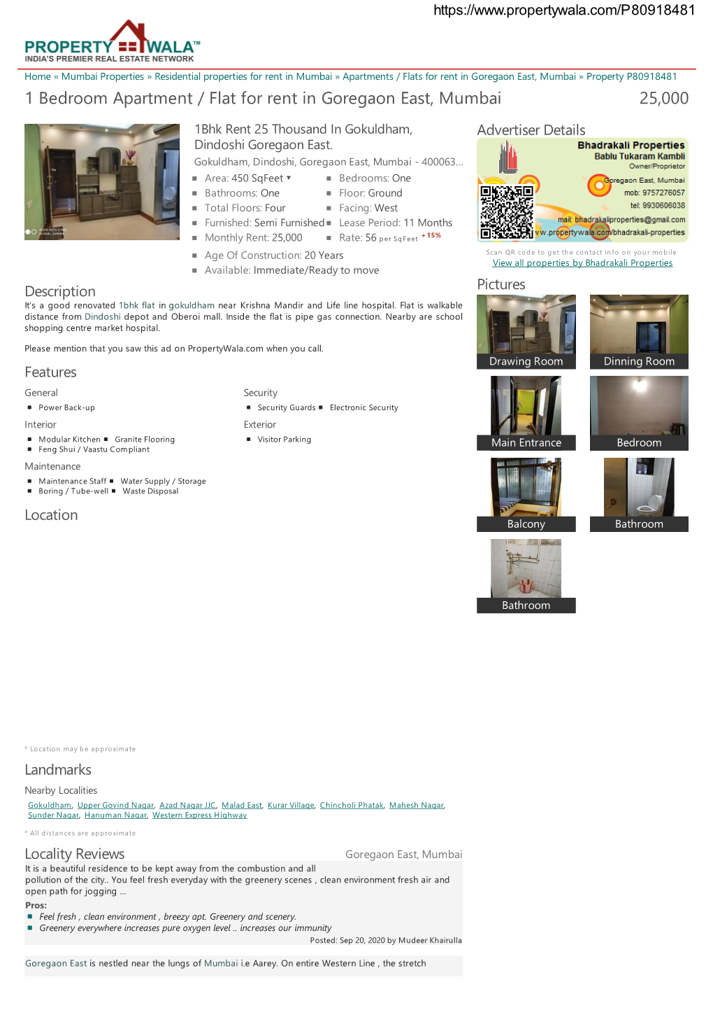 1 Bedroom Apartment / Flat for Rent in Goregaon East, Mumbai 25,000 1Bhk Rent 25 Thousand in Gokuldham, Advertiser Details Dindoshi Goregaon East