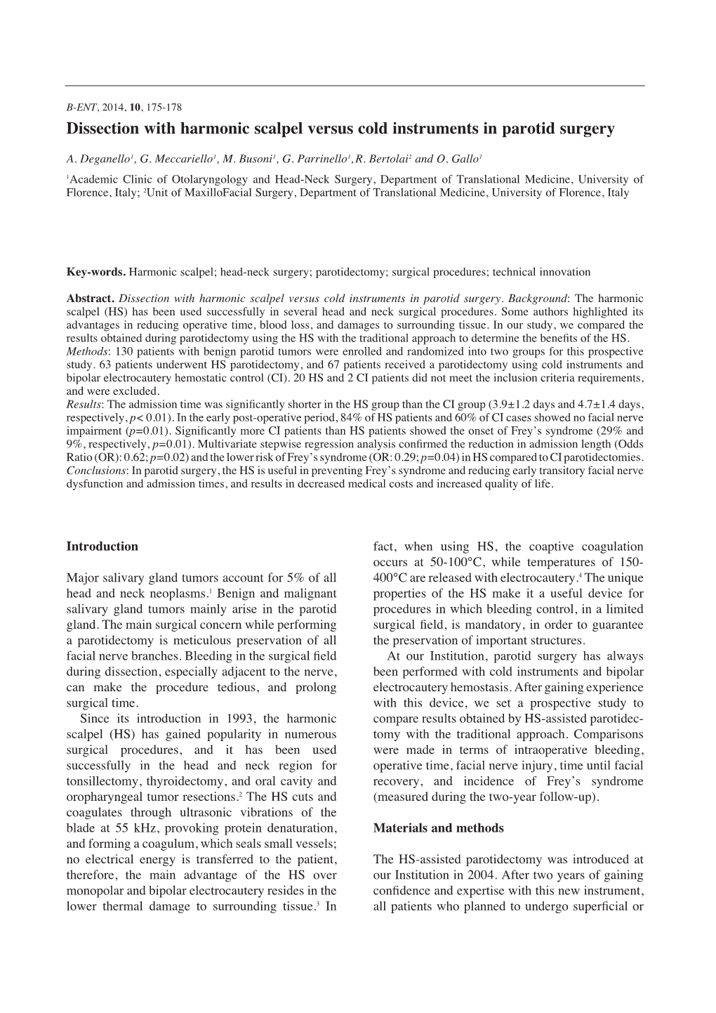 Dissection with Harmonic Scalpel Versus Cold Instruments in Parotid Surgery