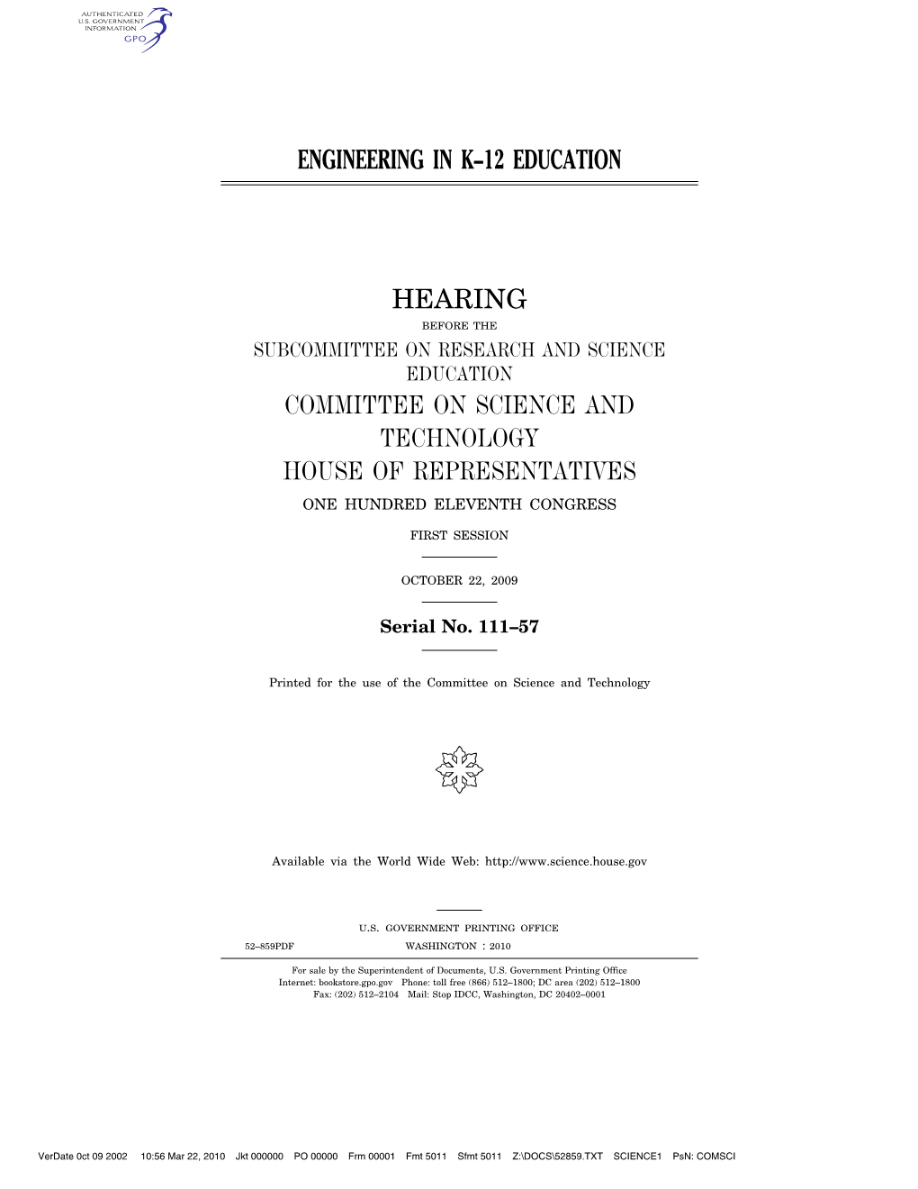 Engineering in K–12 Education Hearing Committee On