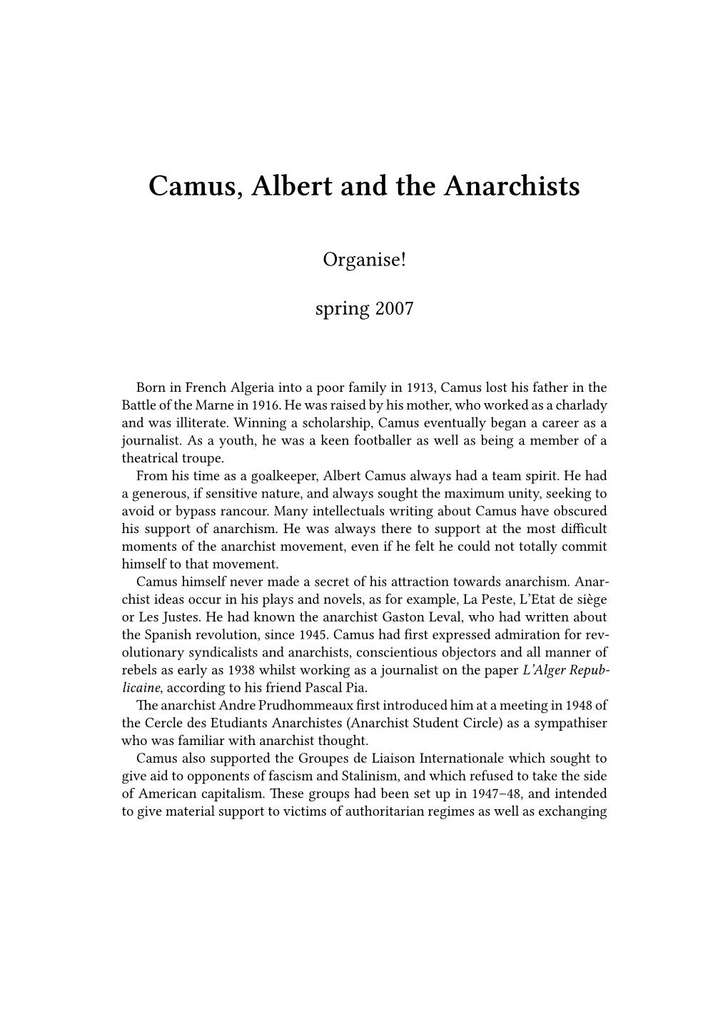 Camus, Albert and the Anarchists