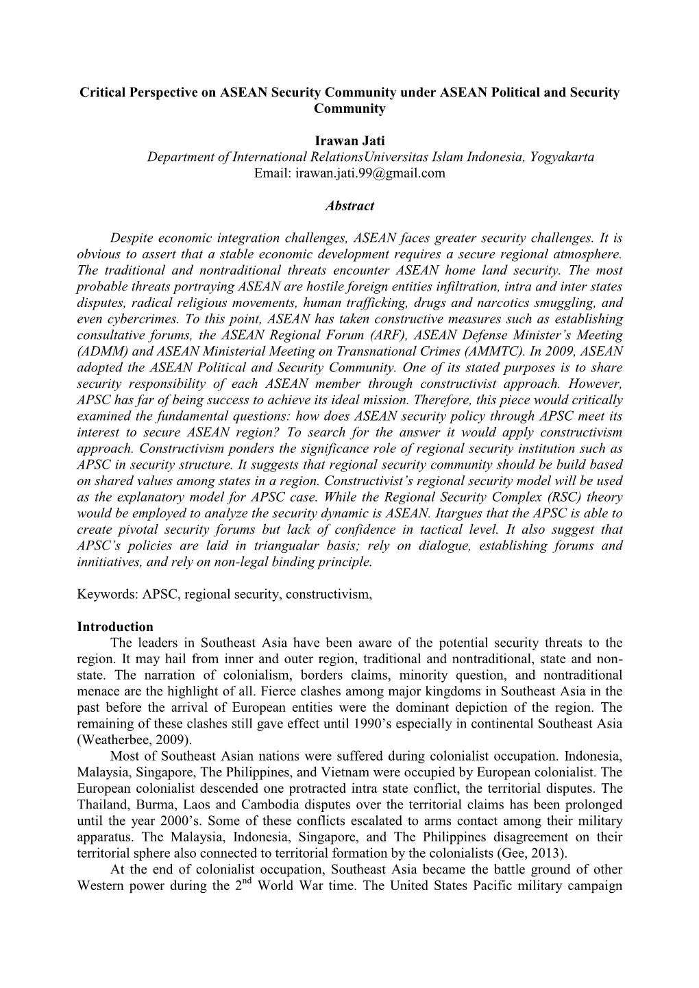 Critical Perspective on ASEAN Security Community Under ASEAN Political and Security Community