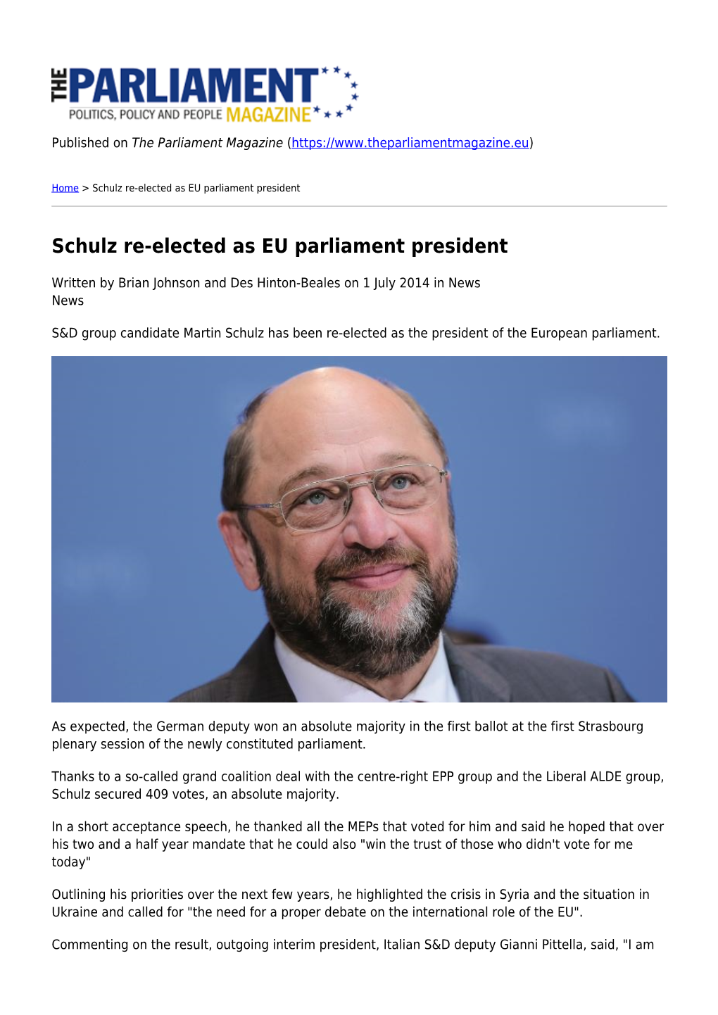 Schulz Re-Elected As EU Parliament President