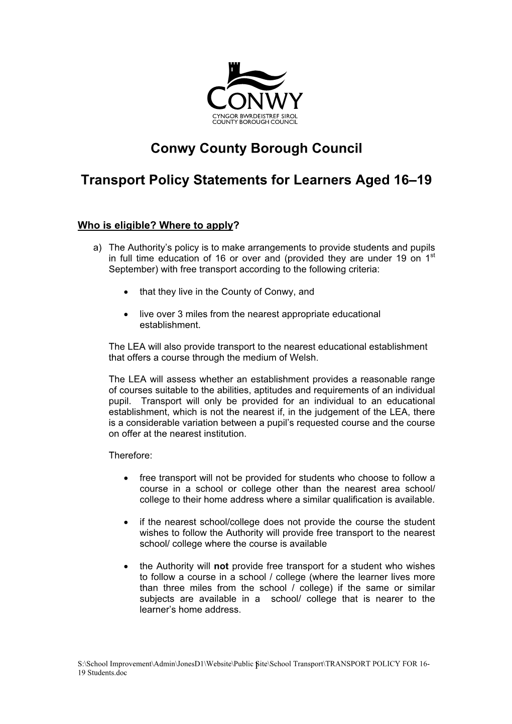 Transport Policy for Learners Aged 16-19