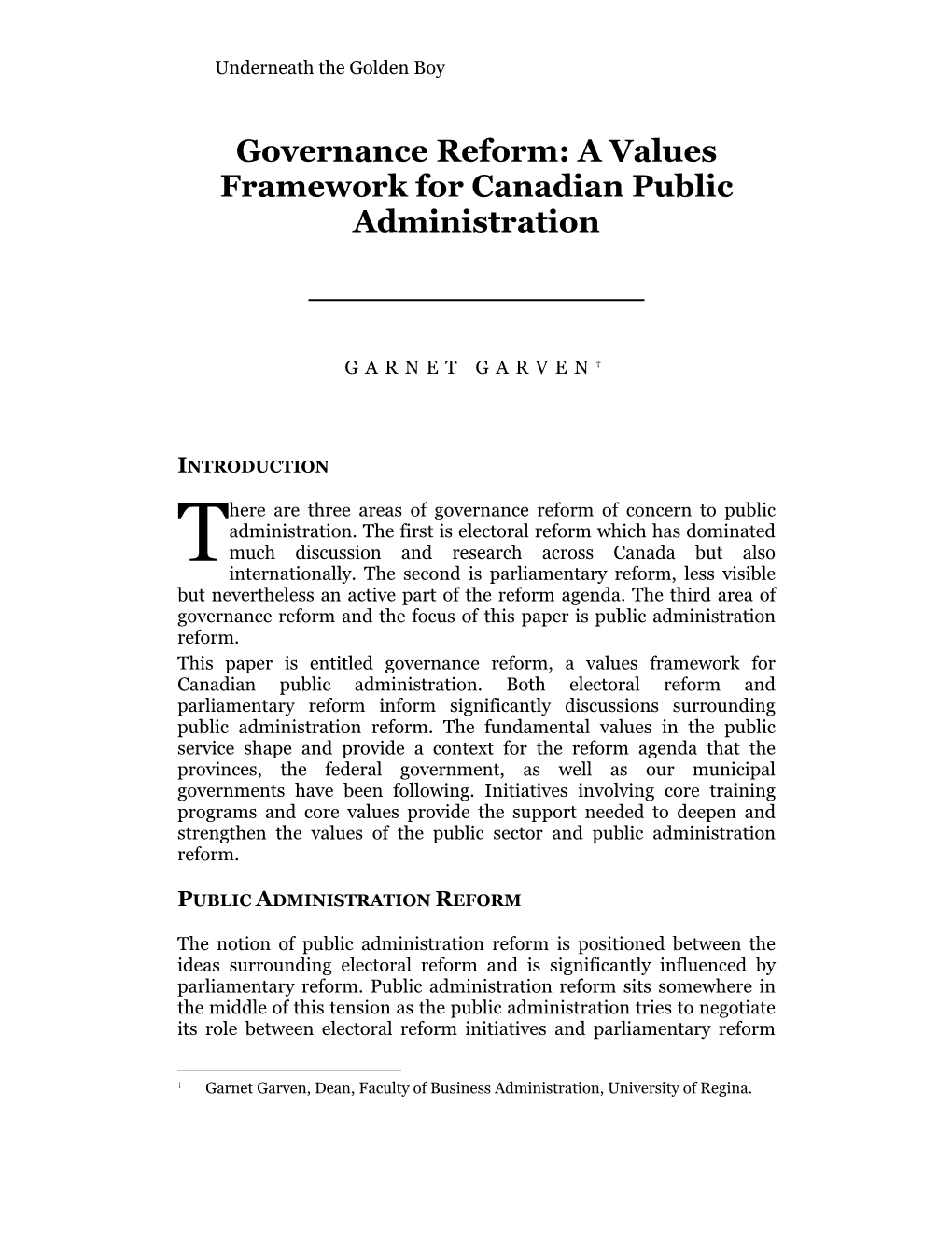 Governance Reform: a Values Framework for Canadian Public Administration