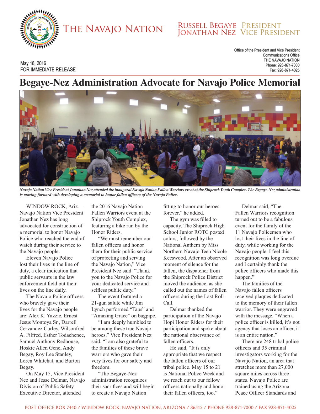 Begaye-Nez Administration Advocate for Navajo Police Memorial