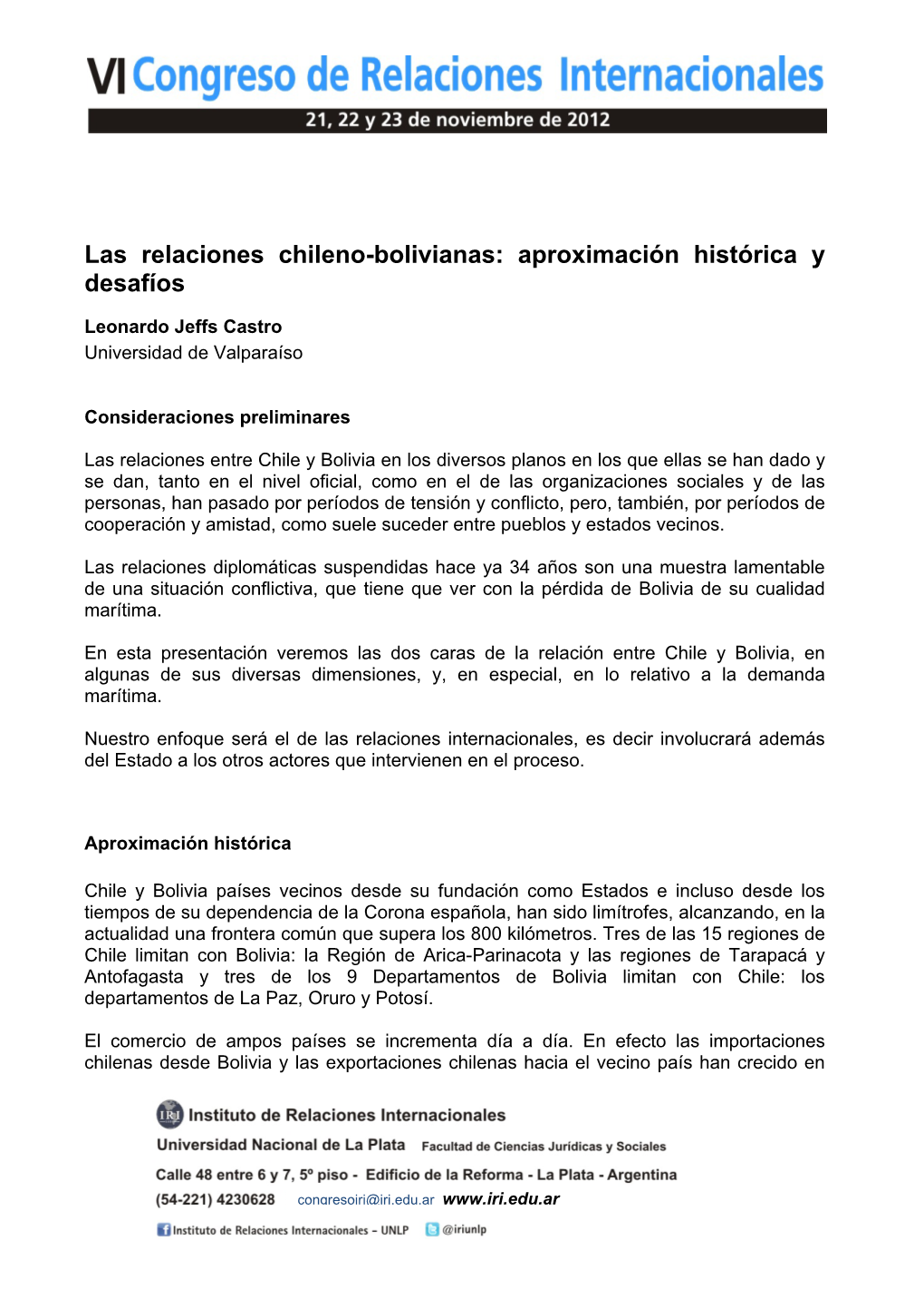 Las Relaciones Chileno-Bolivianas: Aproximación Histórica Y Desafíos