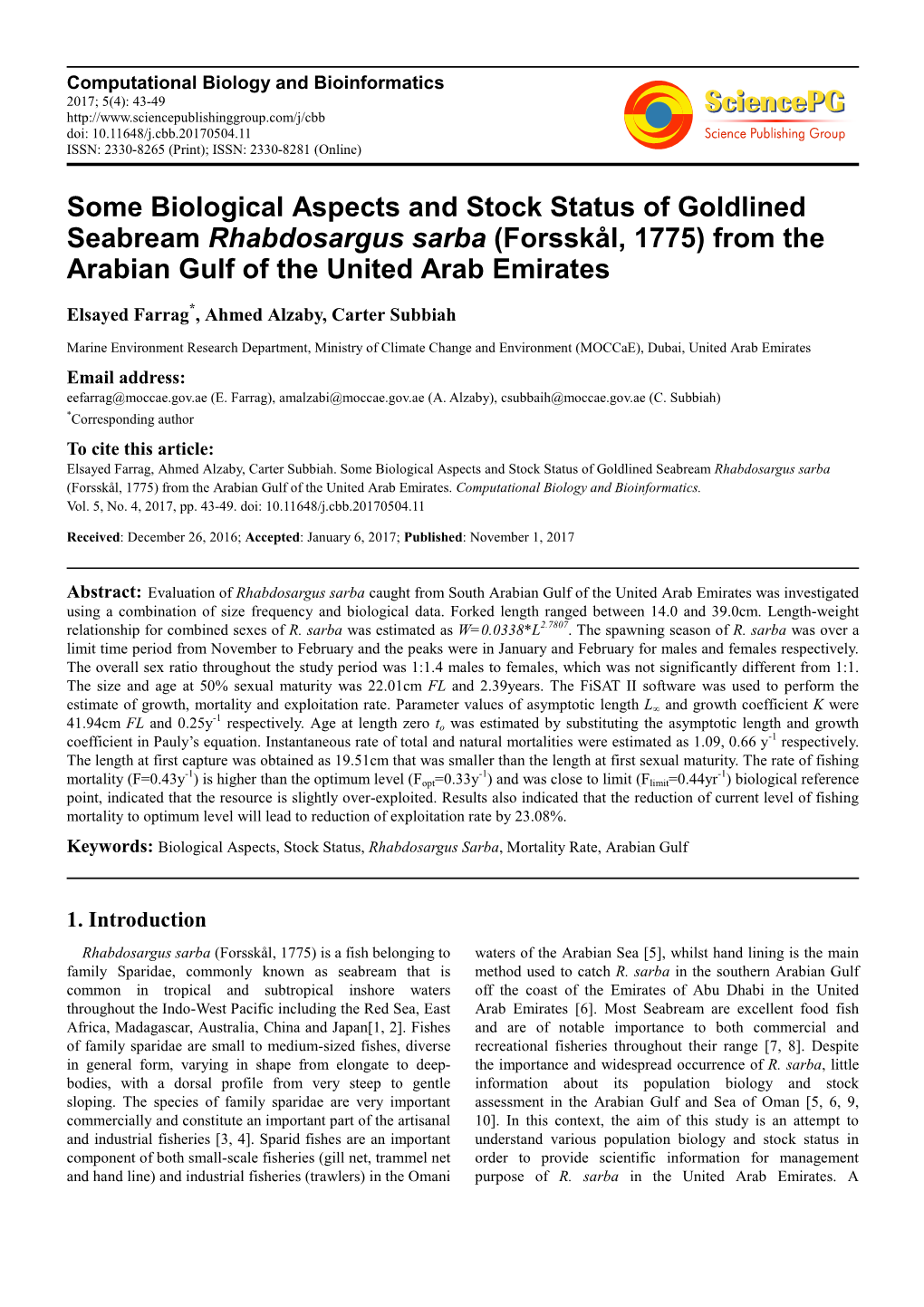 Some Biological Aspects and Stock Status of Goldlined Seabream Rhabdosargus Sarba (Forsskål, 1775) from the Arabian Gulf of the United Arab Emirates