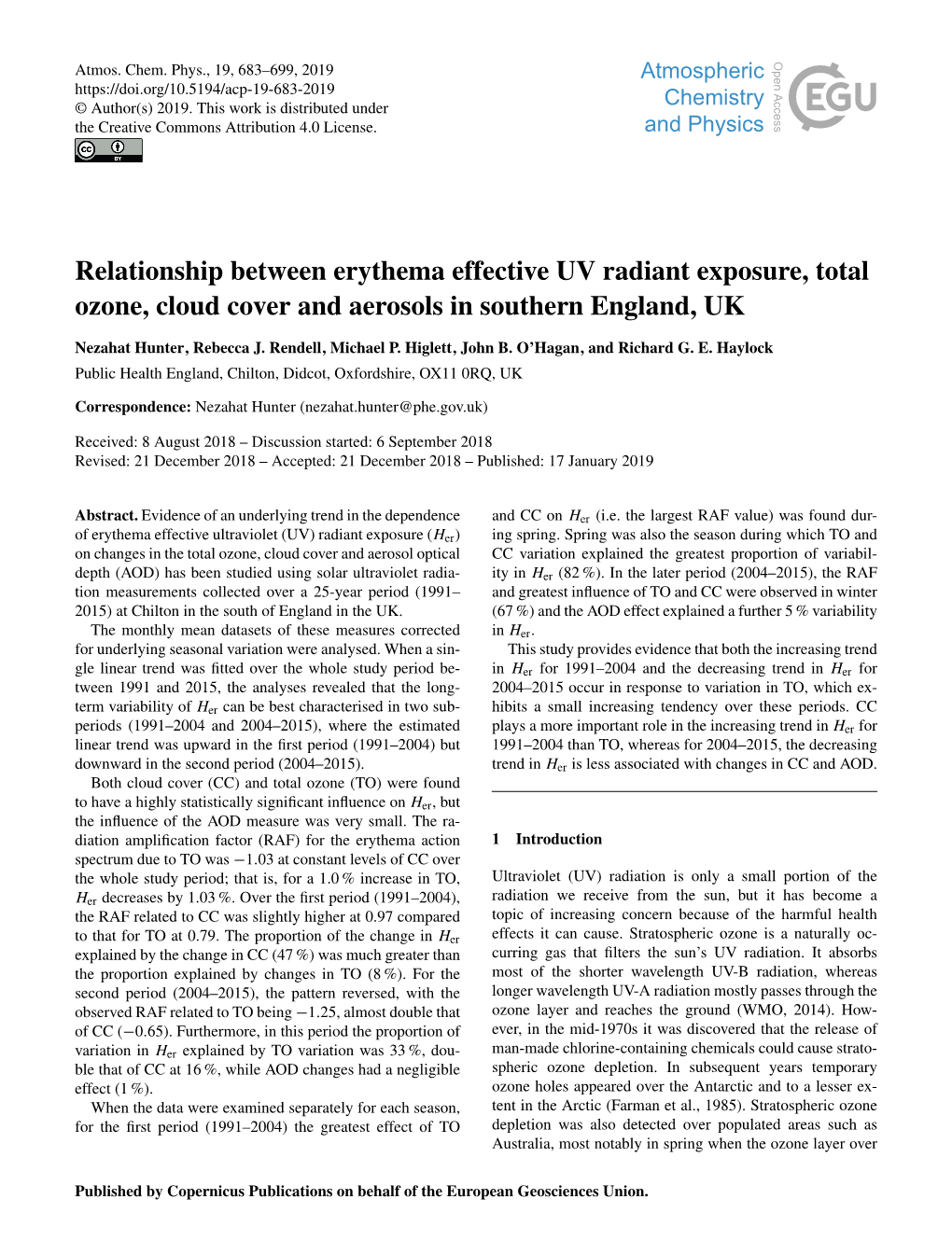 Relationship Between Erythema Effective UV Radiant Exposure, Total Ozone, Cloud Cover and Aerosols in Southern England, UK