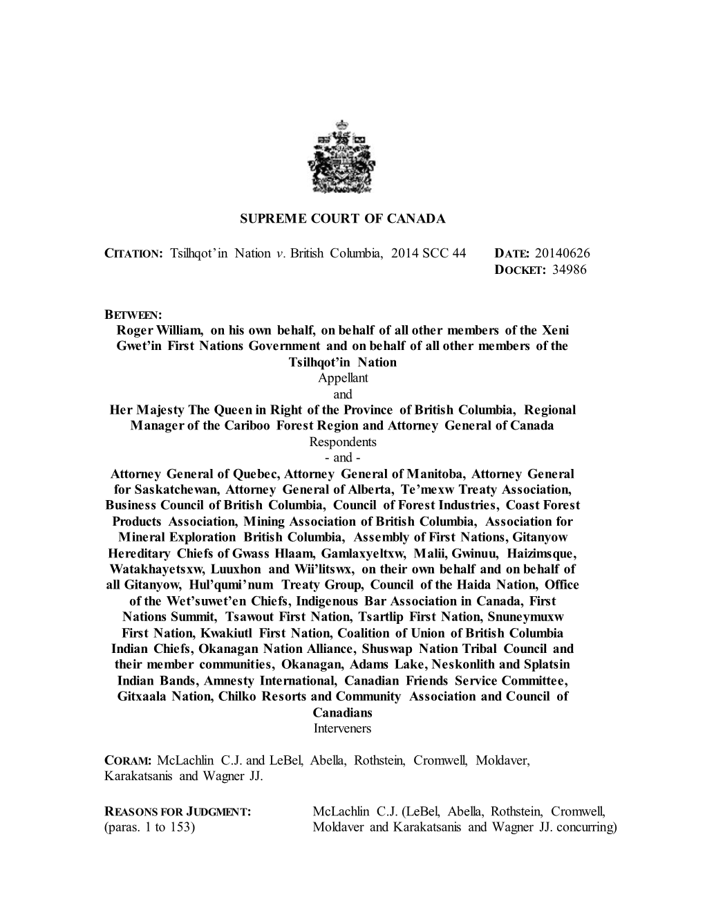 SUPREME COURT of CANADA CITATION: Tsilhqot'in Nation V