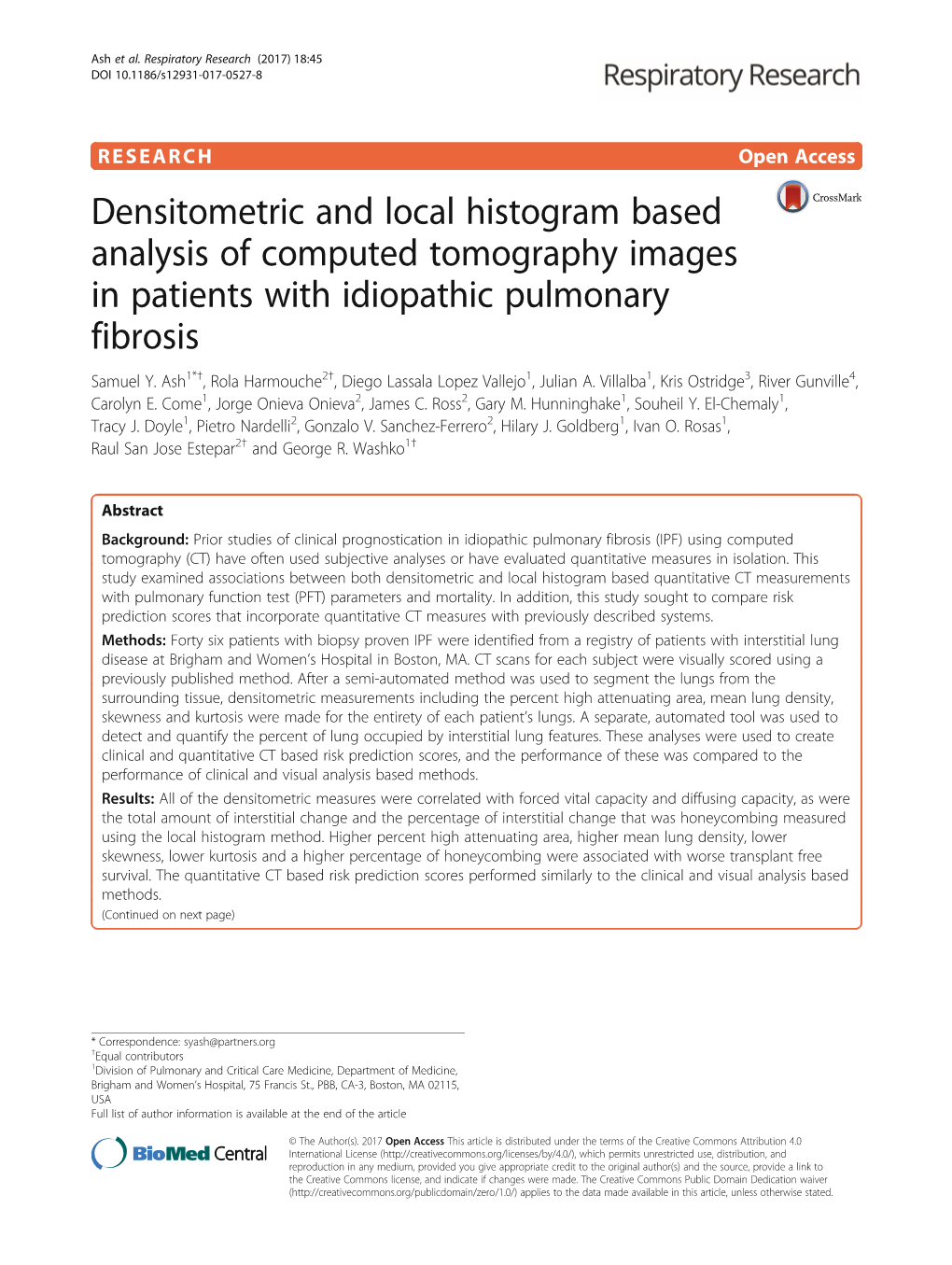 Densitometric and Local Histogram Based Analysis of Computed Tomography Images in Patients with Idiopathic Pulmonary Fibrosis Samuel Y