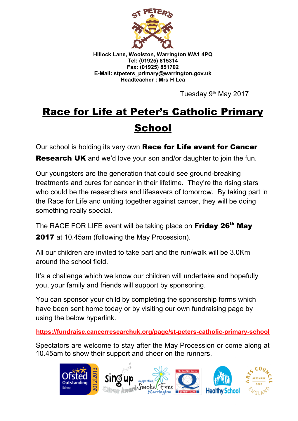 Race for Life at Peter S Catholic Primary School