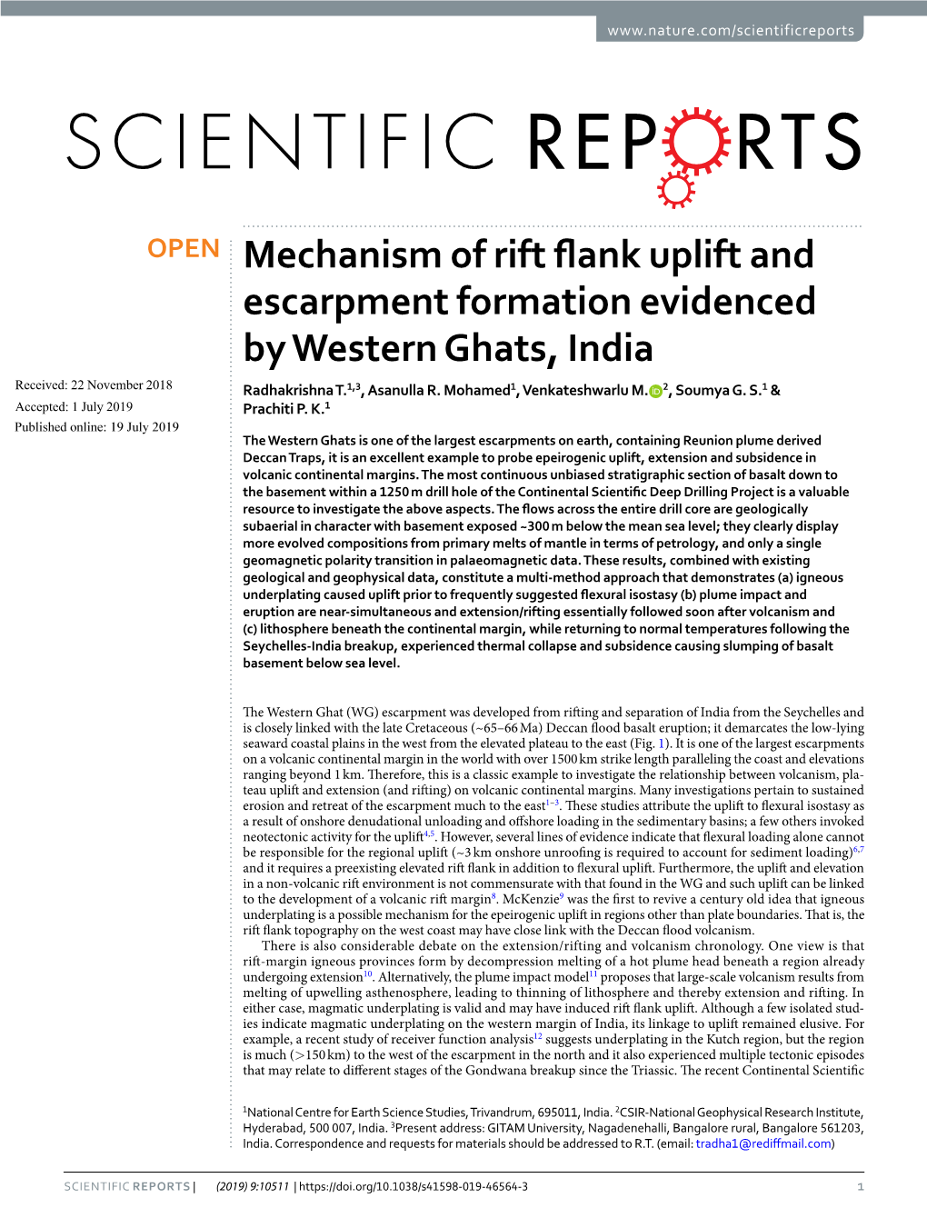 Mechanism of Rift Flank Uplift and Escarpment Formation Evidenced by Western Ghats, India