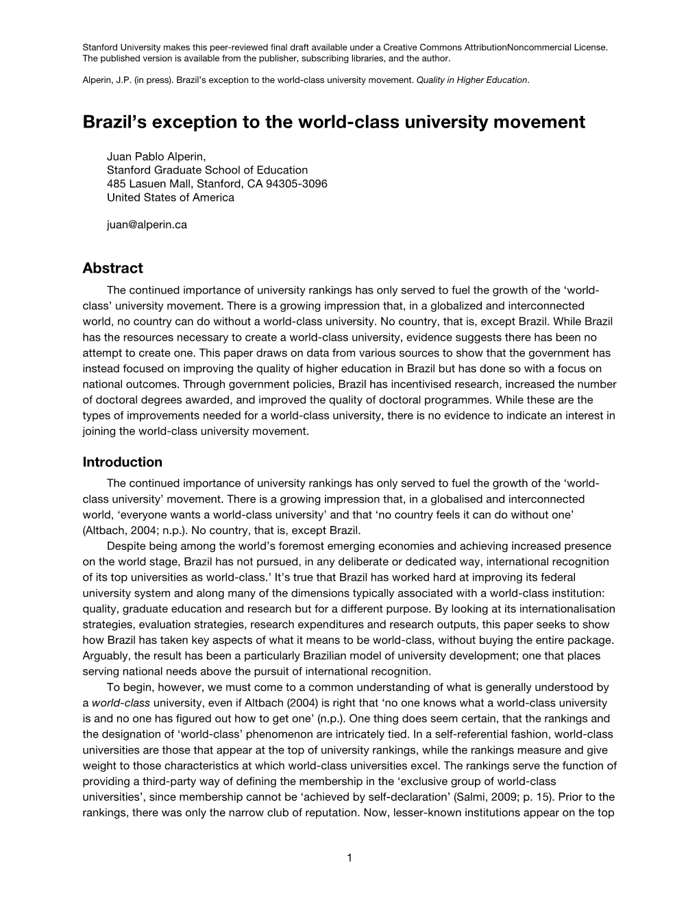 Brazil's Exception to the World-Class University Movement