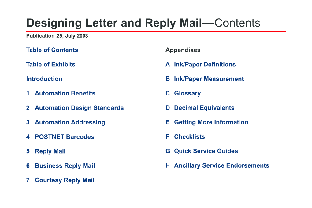 Designing Letter and Reply Mail—Contents Publication 25, July 2003