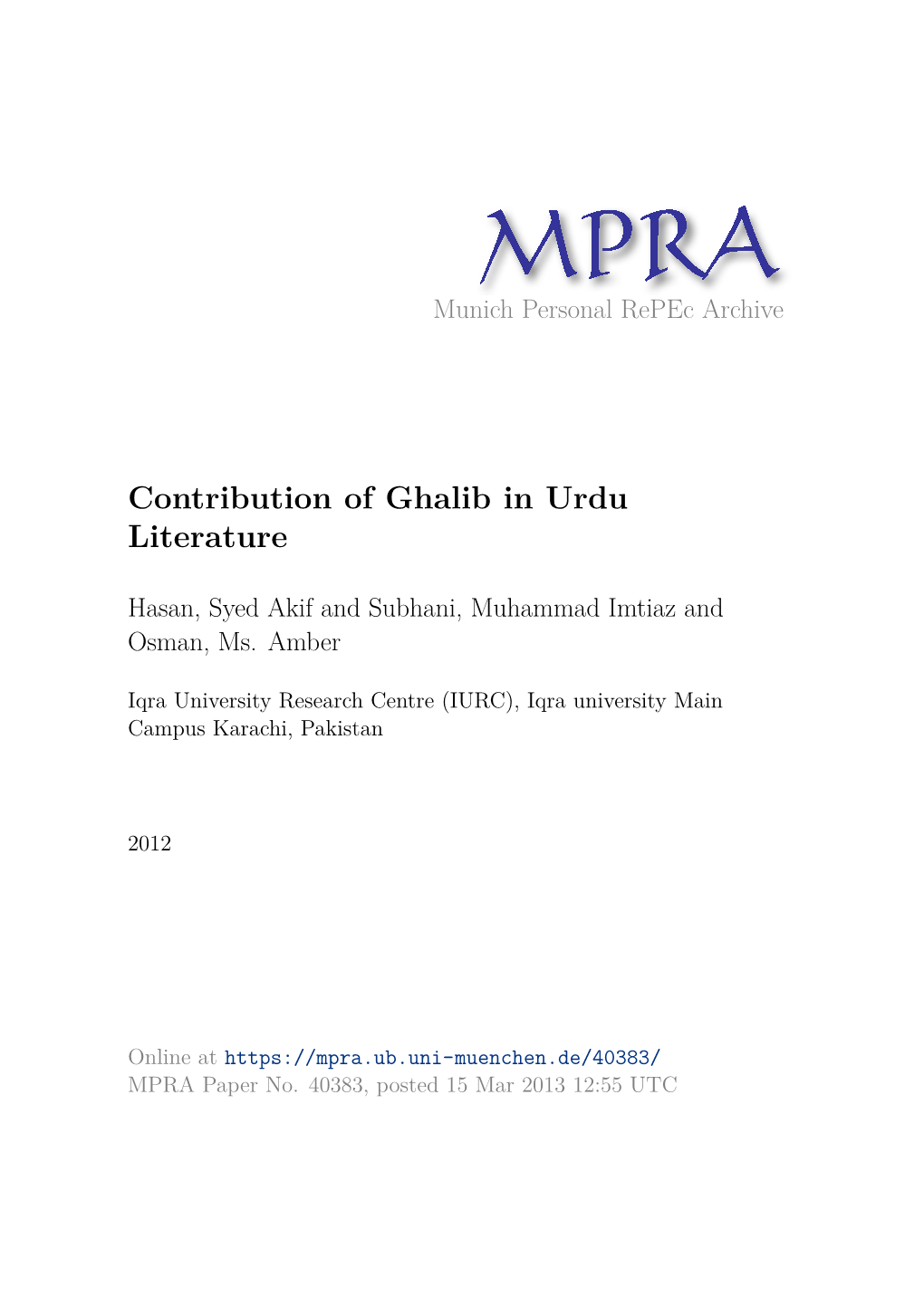 Contribution of Ghalib in Urdu Literature