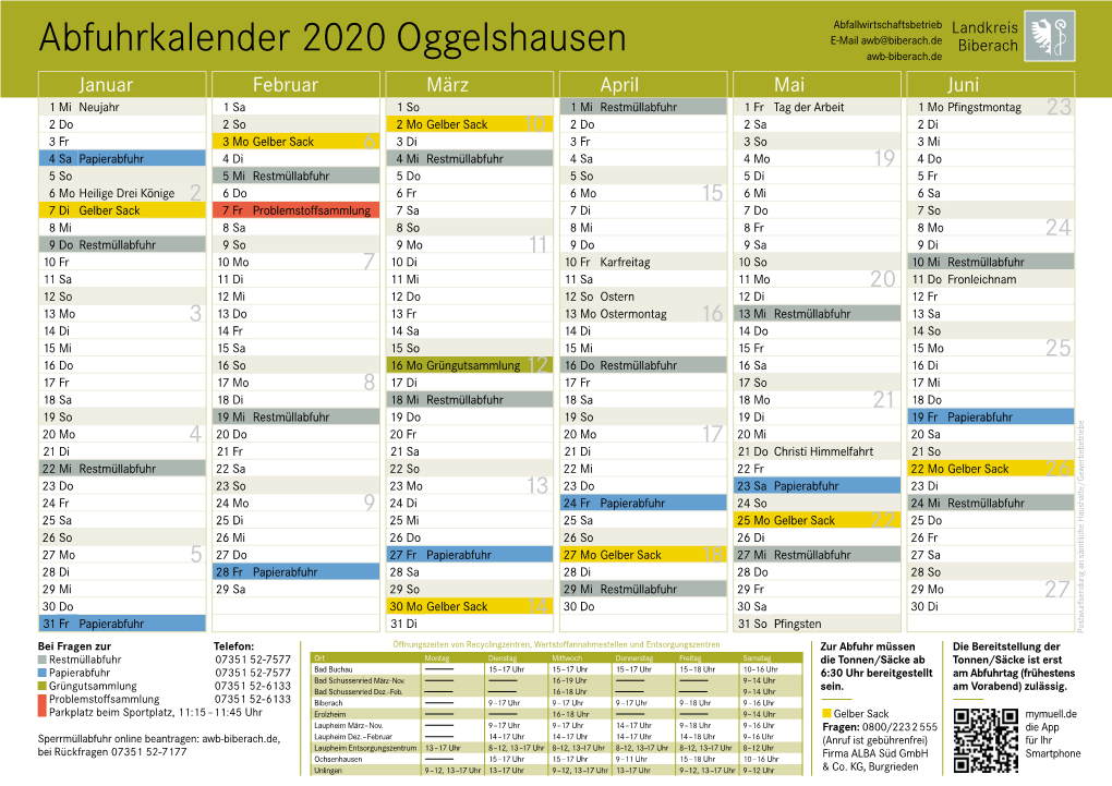 Abfuhrkalender 2020 Oggelshausen