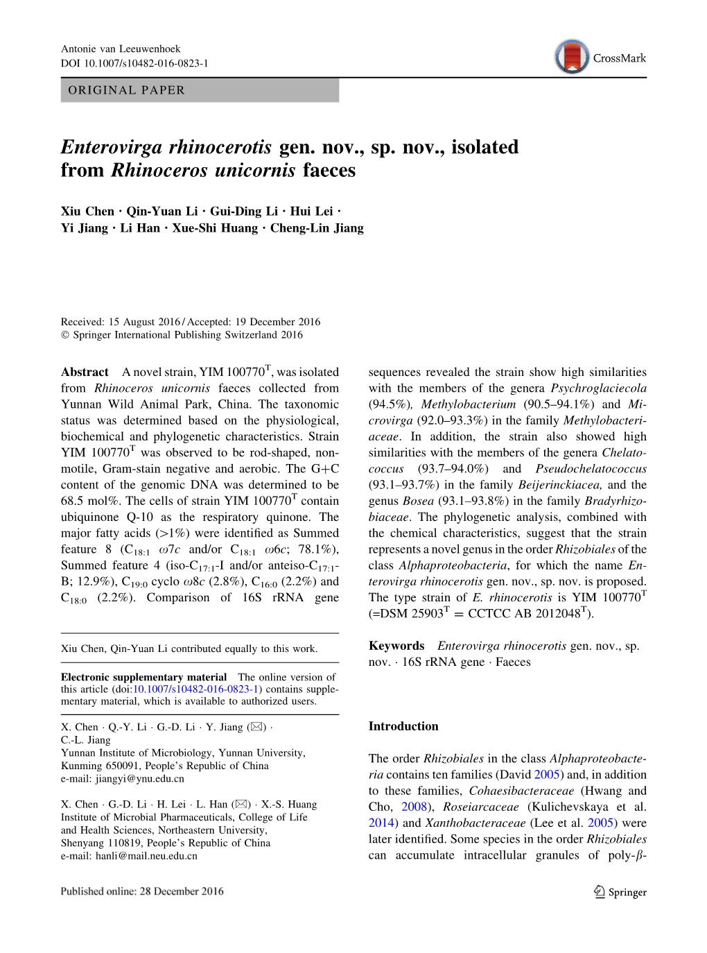 Enterovirga Rhinocerotis Gen. Nov., Sp. Nov., Isolated from Rhinoceros Unicornis Faeces