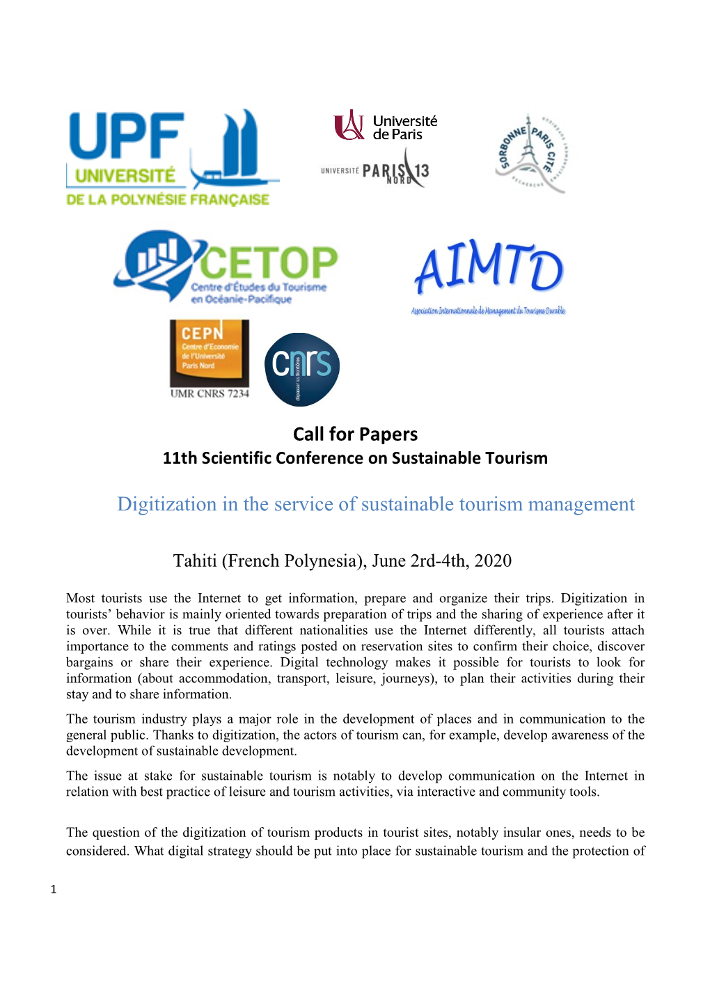 Call for Papers Digitization in the Service of Sustainable Tourism Management