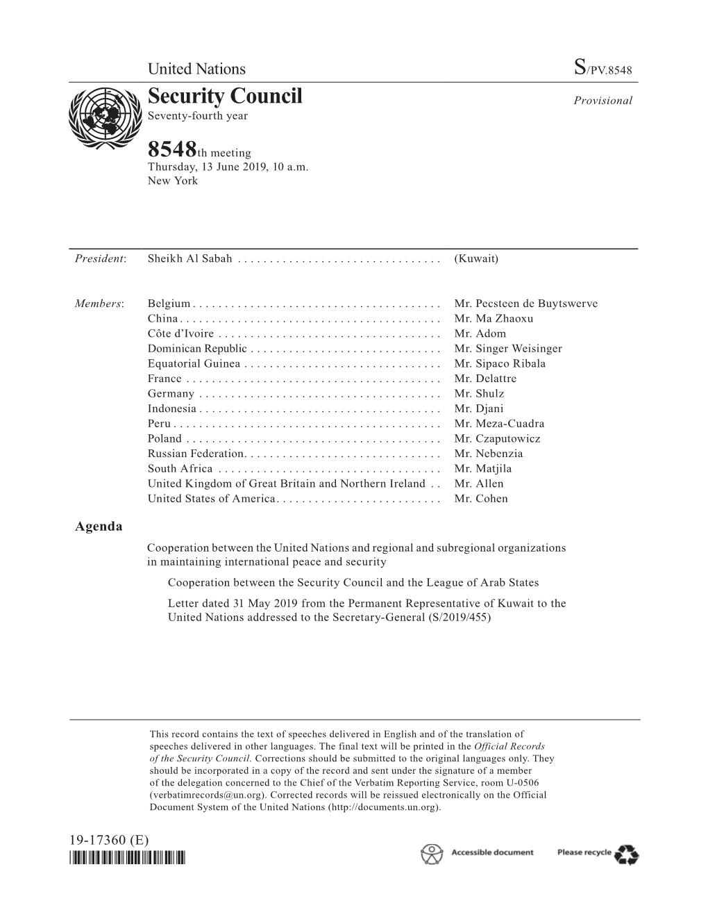 S/PV.8548 Cooperation Between the United Nations and Regional and Subregional Organizations 13/06/2019