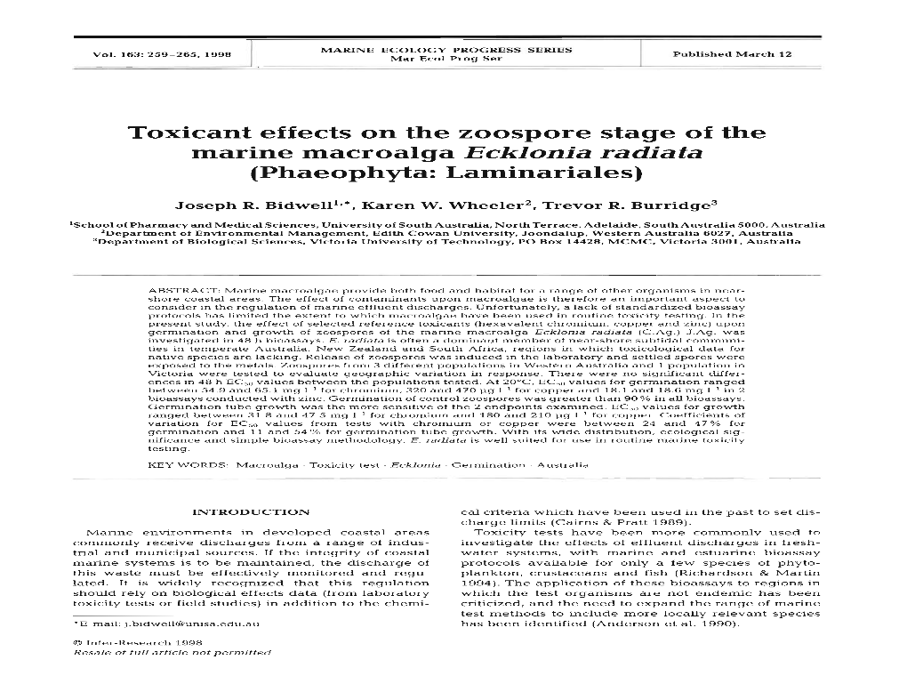 Toxicant Effects on the Zoospore Stage of the Marine Macroalga Ecklonia Radiata (Phaeophyta: Laminariales)