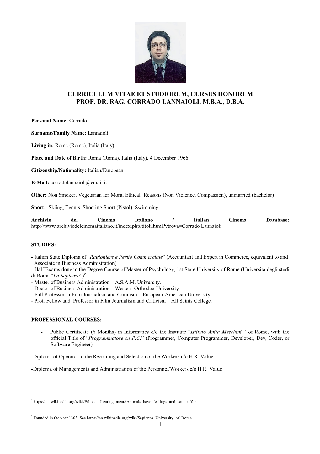 1 Curriculum Vitae Et Studiorum, Cursus