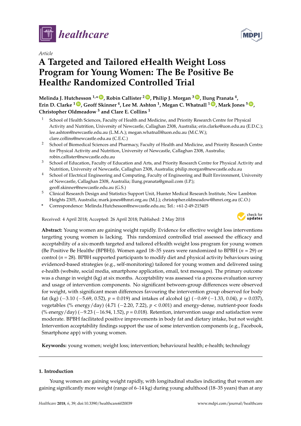 A Targeted and Tailored Ehealth Weight Loss Program for Young Women: the Be Positive Be Healthe Randomized Controlled Trial