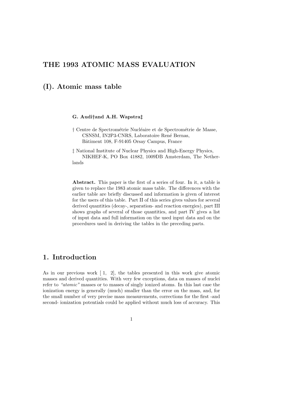 (I). Atomic Mass Table 1. Introduction