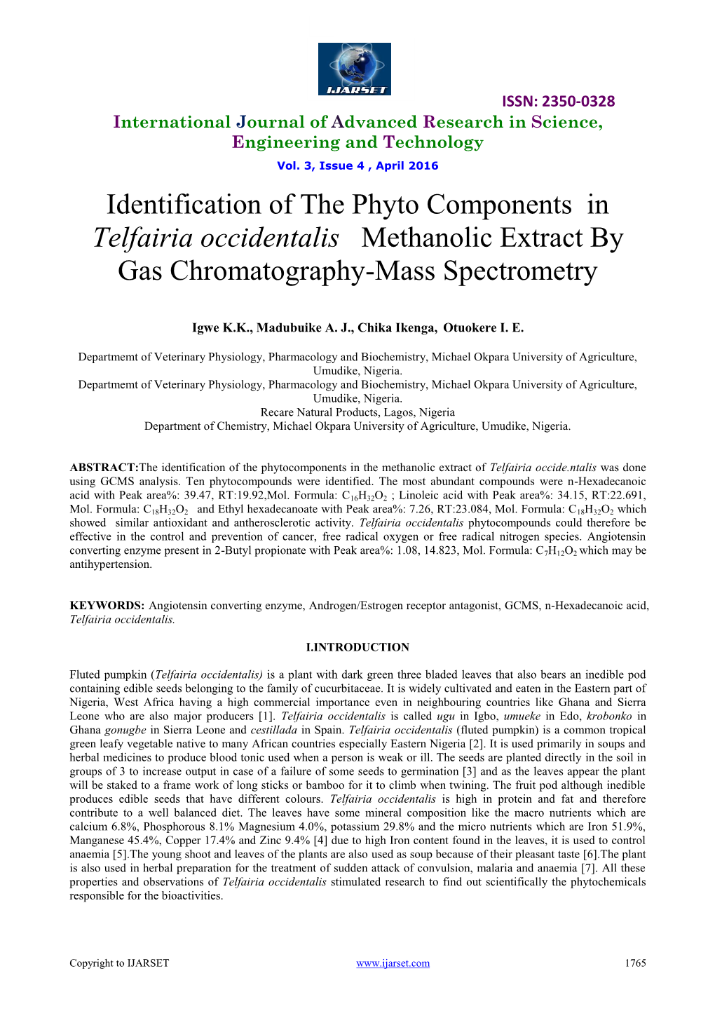 Telfairia Occidentalis Methanolic Extract by Gas Chromatography-Mass Spectrometry