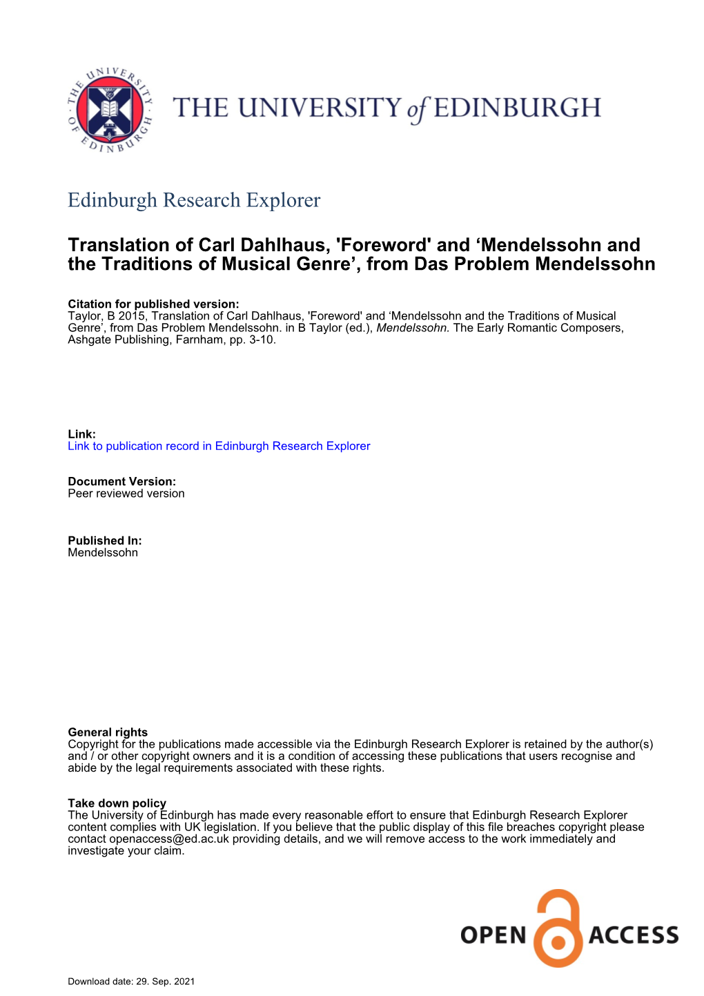 Translation of Carl Dahlhaus, 'Foreword' and ‘Mendelssohn and the Traditions of Musical Genre’, from Das Problem Mendelssohn