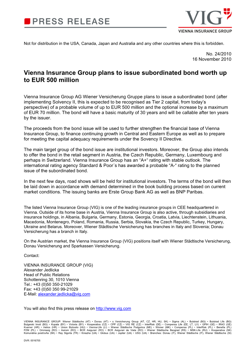 Vienna Insurance Group Plans to Issue Subordinated Bond Worth up to EUR 500 Million