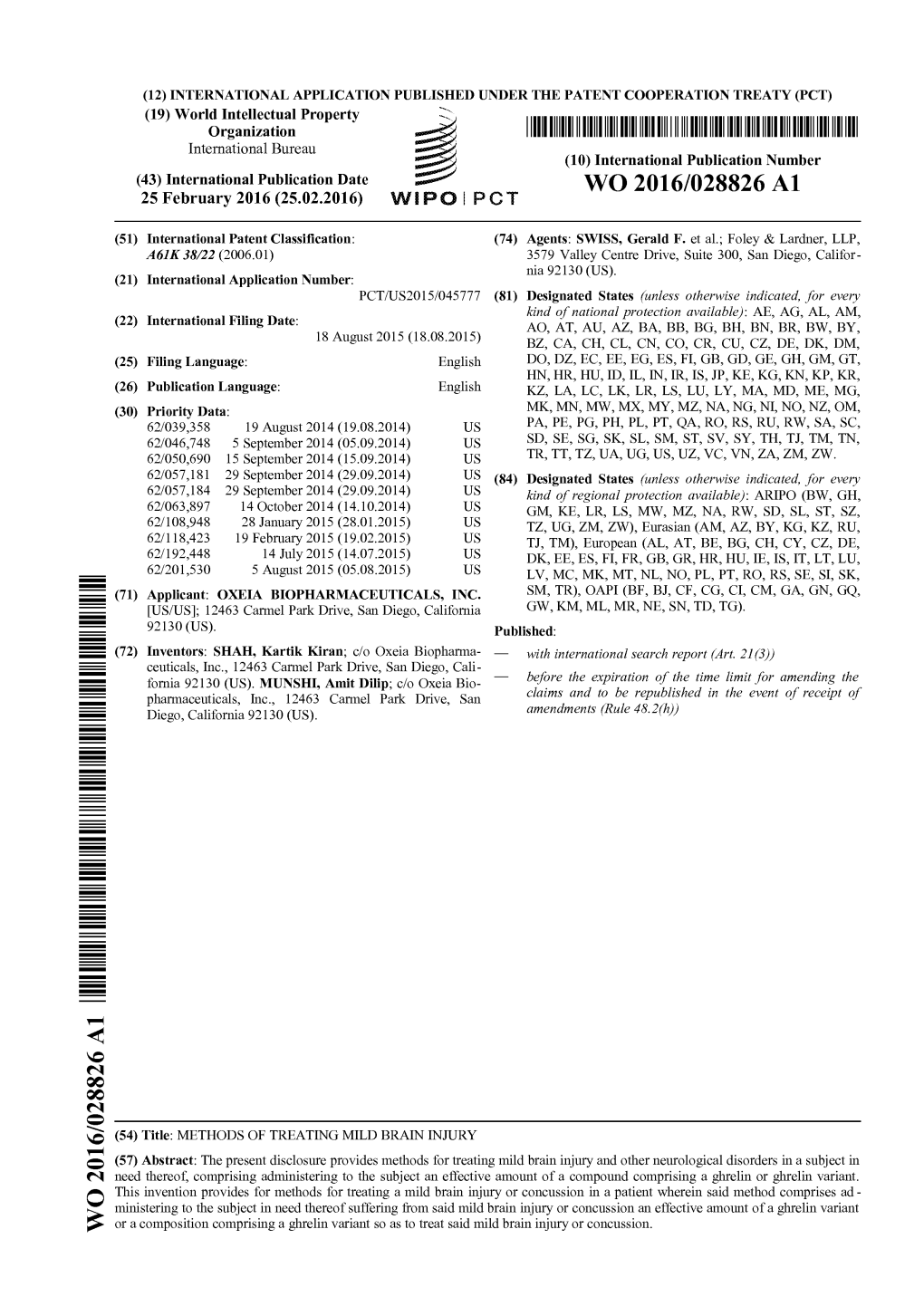 W O 2016/028826 A1 25 February 2016 (25.02.2016) W IPO I PCT