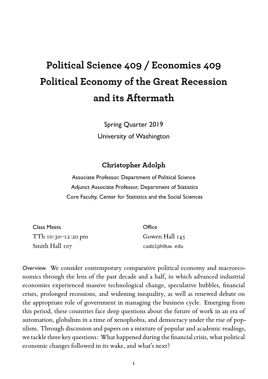 ECON 409 A: Political Economy