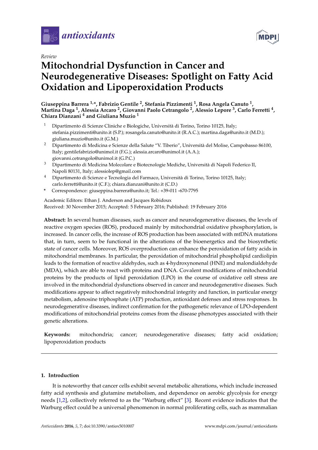 Mitochondrial Dysfunction in Cancer and Neurodegenerative Diseases: Spotlight on Fatty Acid Oxidation and Lipoperoxidation Products