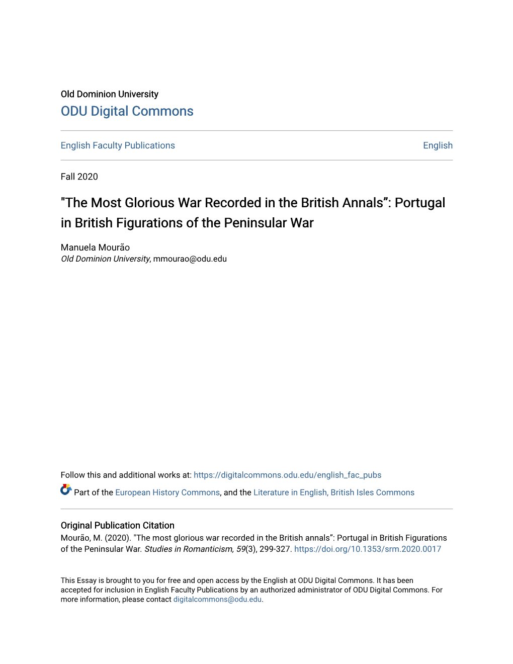 The Most Glorious War Recorded in the British Annals”: Portugal in British Figurations of the Peninsular War