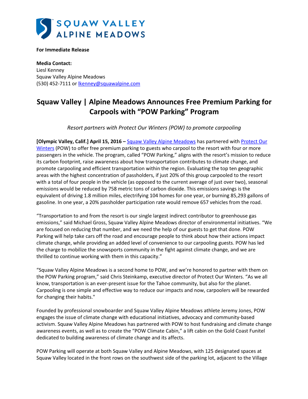 Squaw Valley | Alpine Meadows Announces Free Premium Parking for Carpools with “POW Parking” Program