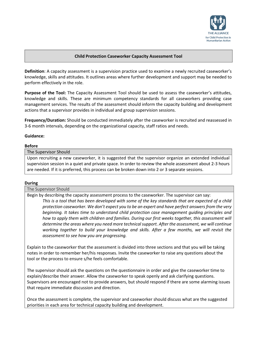 Child Protection Caseworker Capacity Assessment Tool Definition