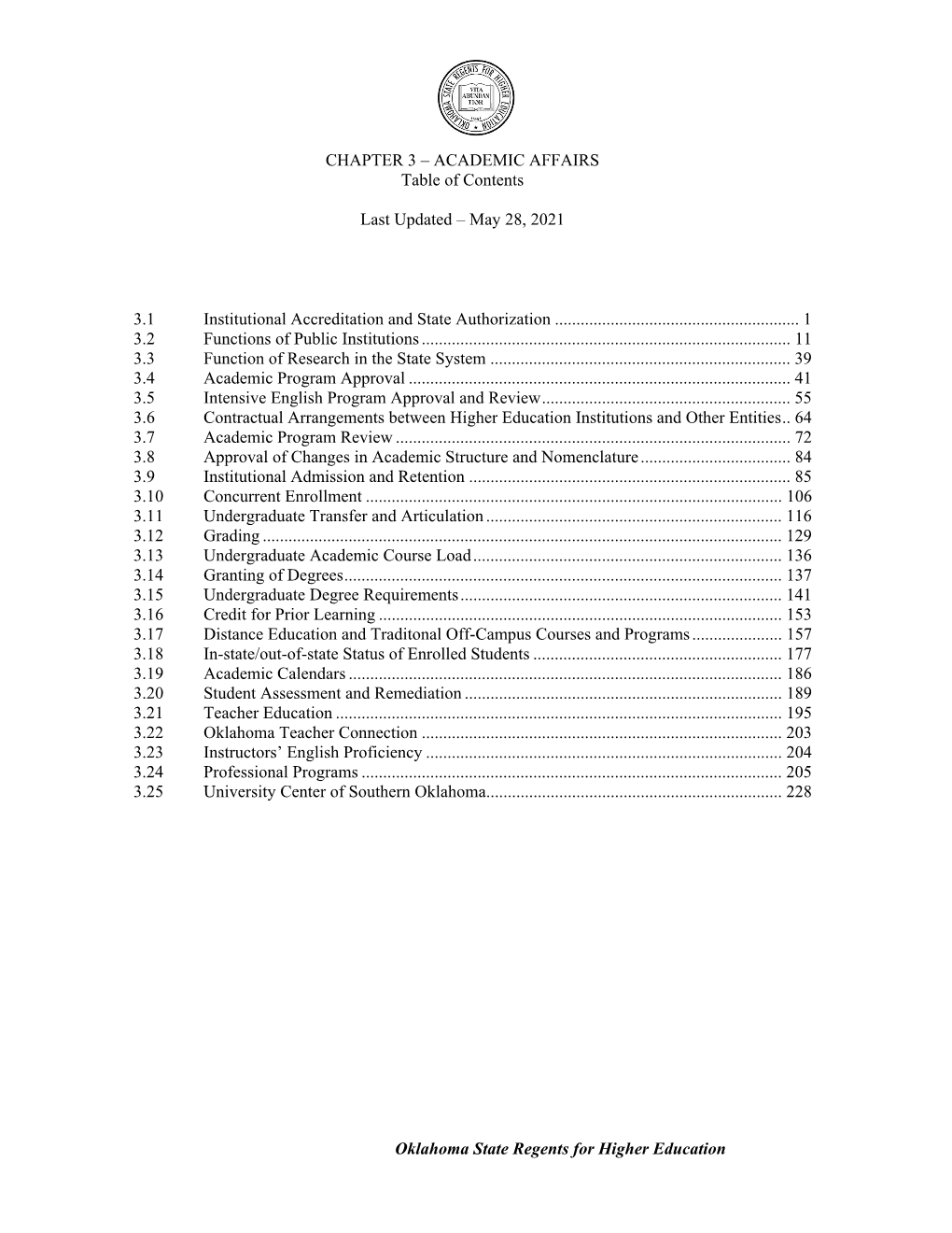 CHAPTER 3 – ACADEMIC AFFAIRS Table of Contents Last Updated