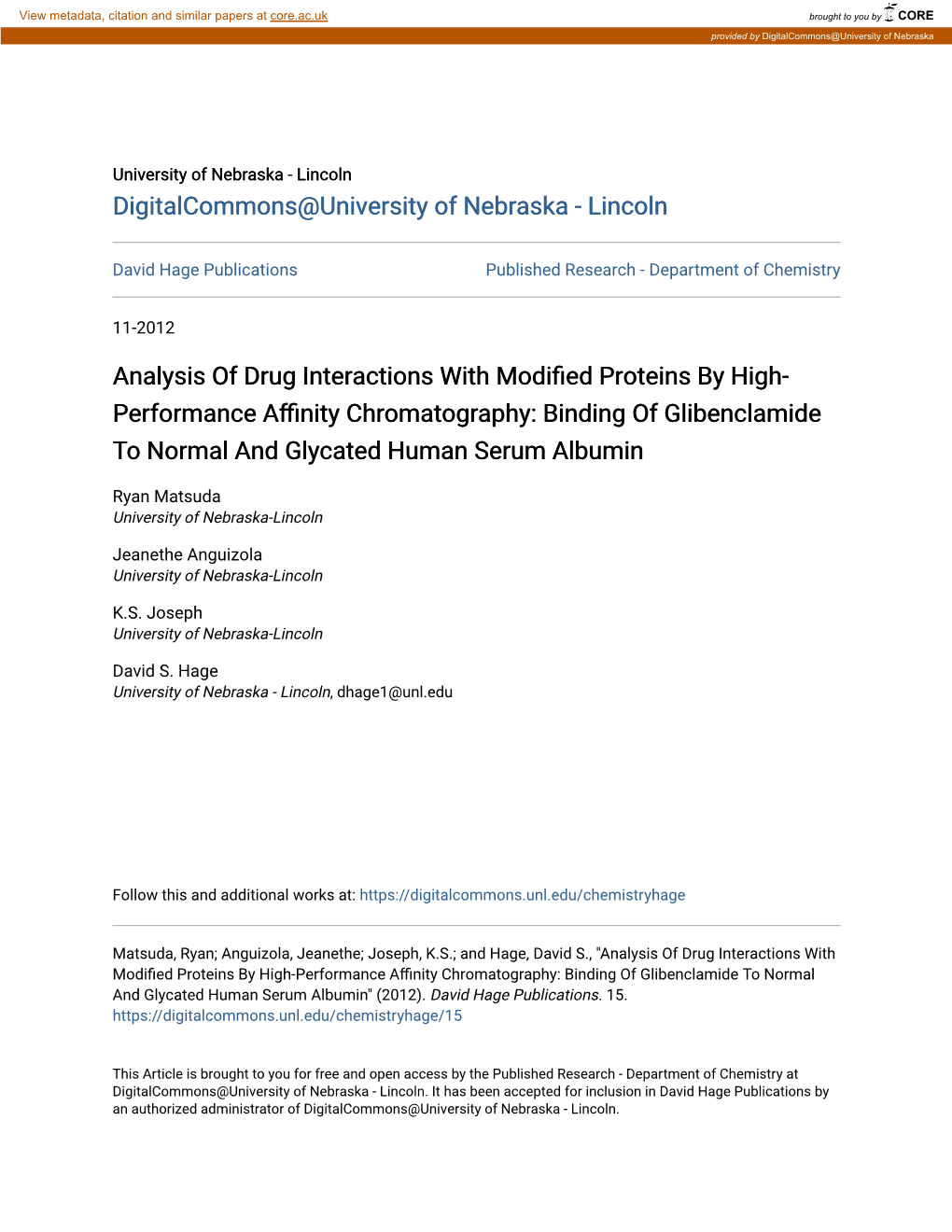 Binding of Glibenclamide to Normal and Glycated Human Serum Albumin