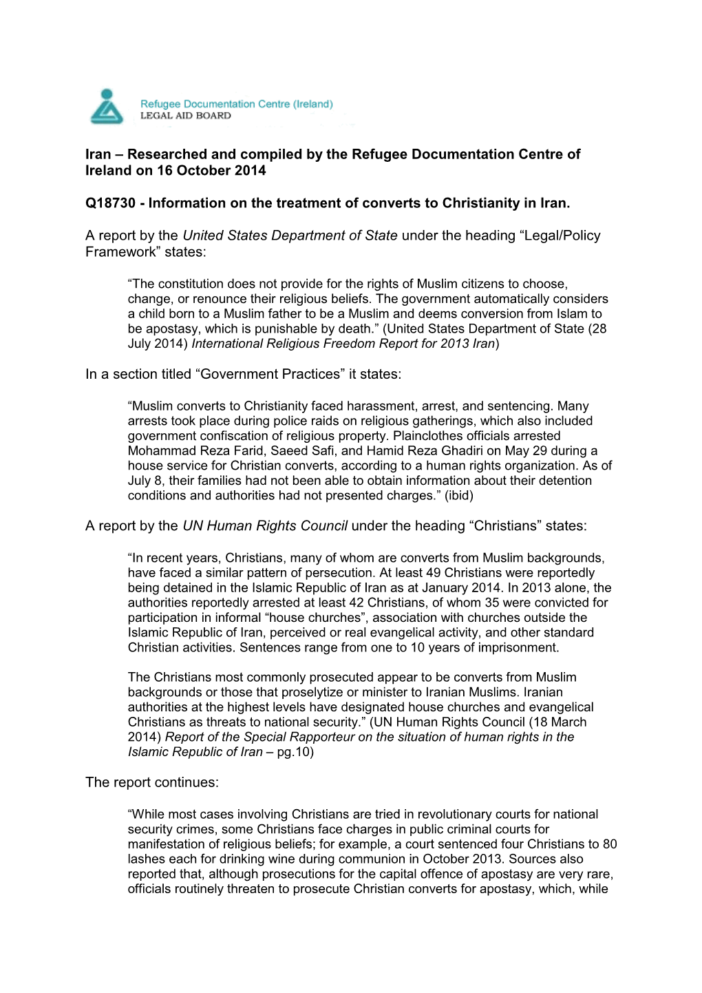 Iran – Researched and Compiled by the Refugee Documentation Centre of Ireland on 16 October 2014